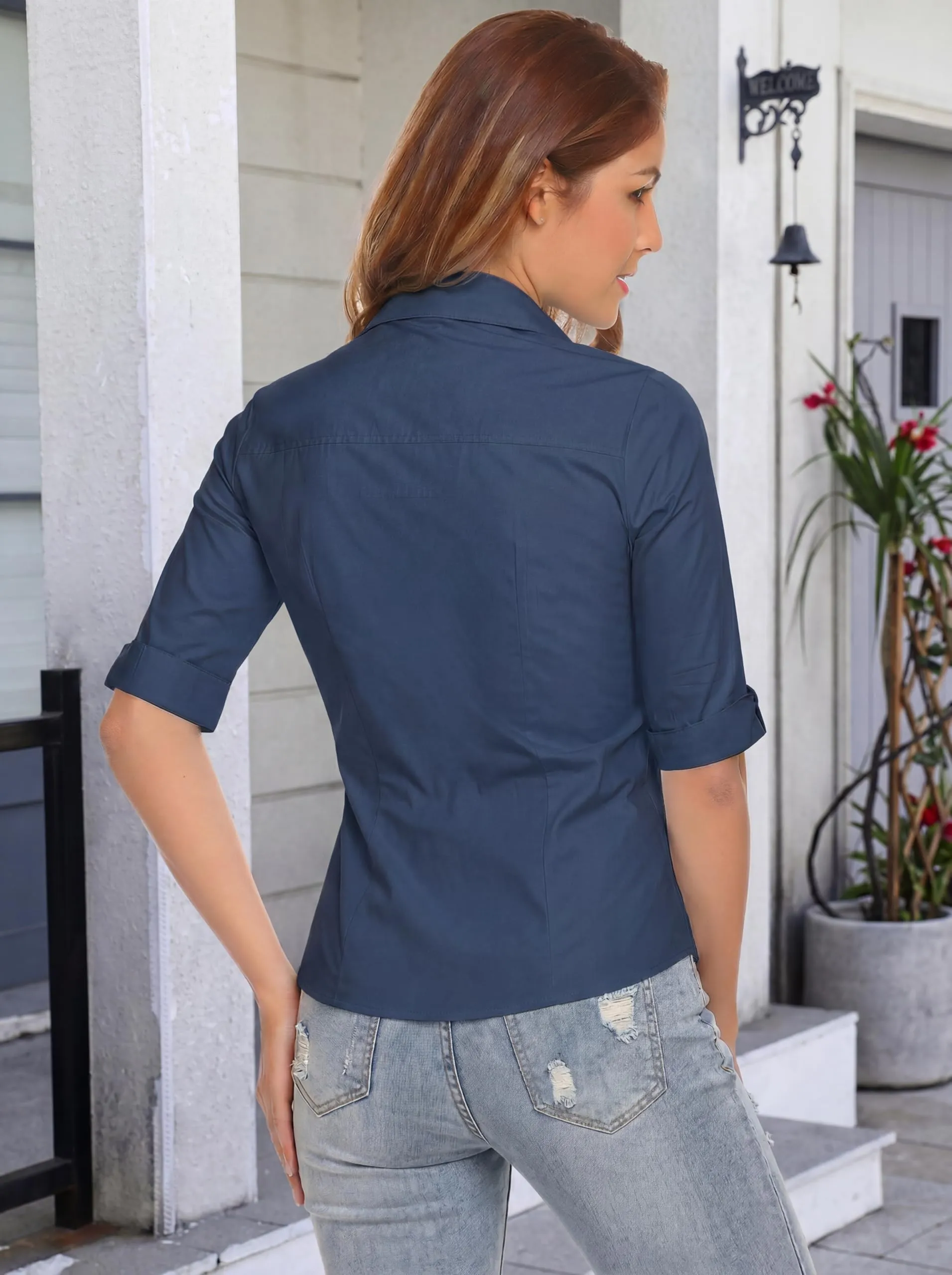 Hotouch Camicetta da Donna in Cotone Slim Fit, Manica a 3/4, Scollo a V, Blu Navy, M - immagine 5