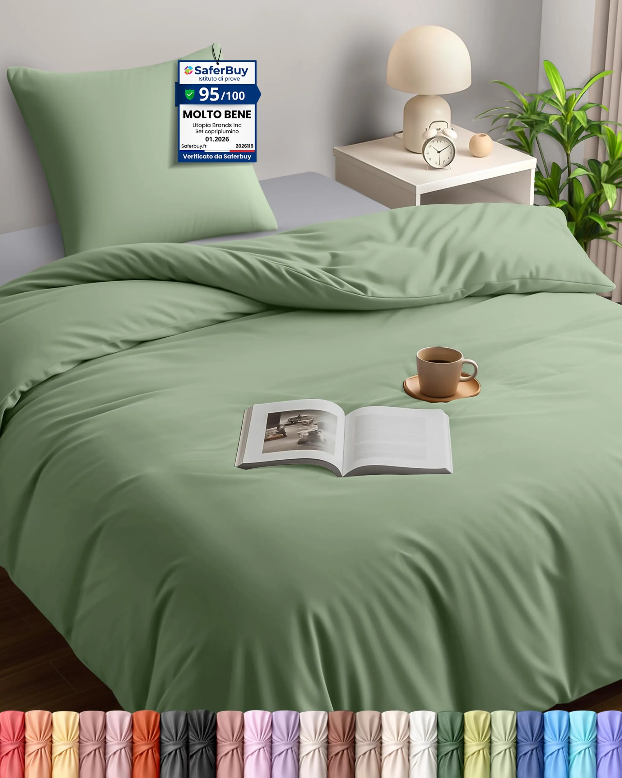 Utopia Bedding Set Copripiumino 135x200 cm e Federa 80x80 cm, Microfibra Spazzolata, Verde Salvia - immagine 1