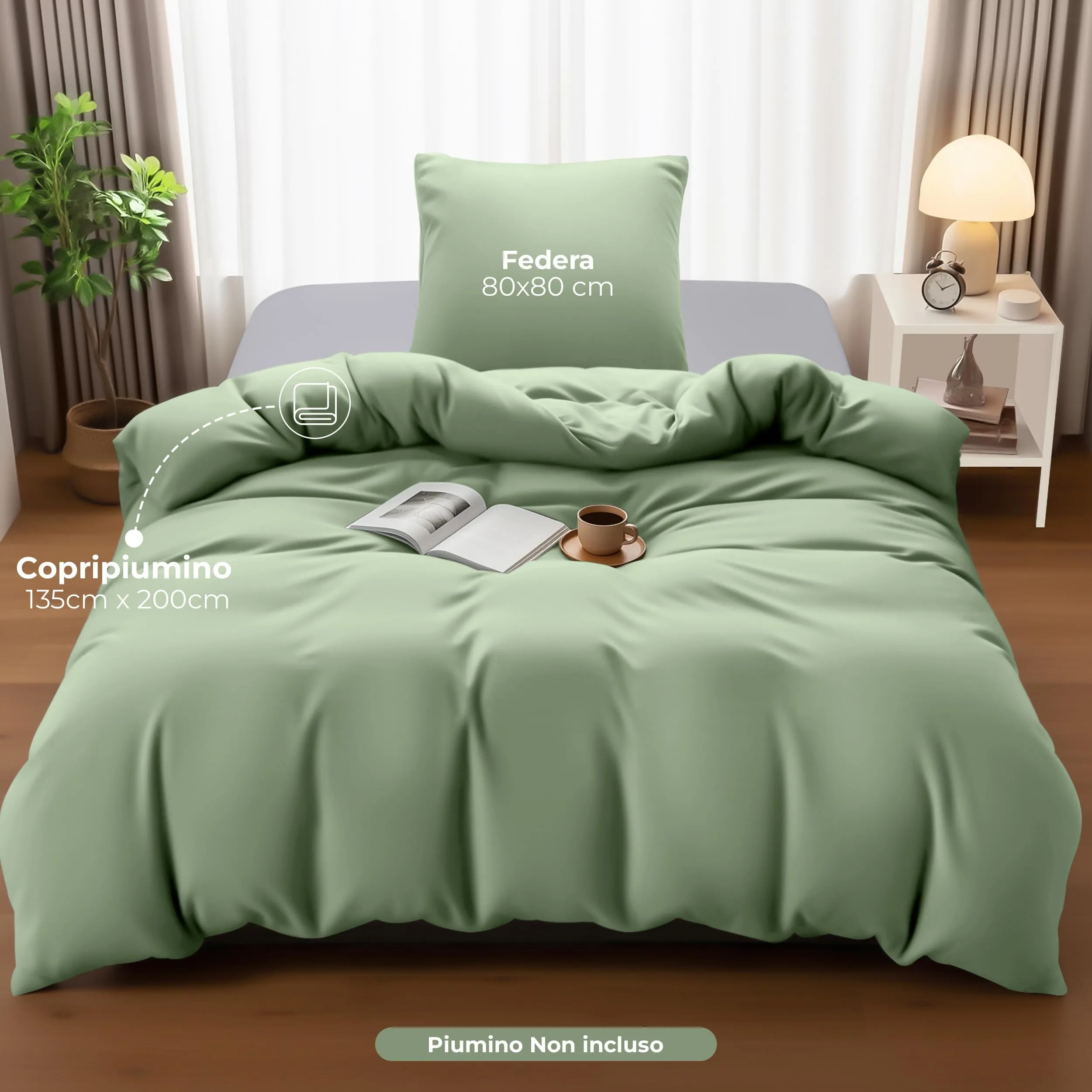Utopia Bedding Set Copripiumino 135x200 cm e Federa 80x80 cm, Microfibra Spazzolata, Verde Salvia - immagine 4