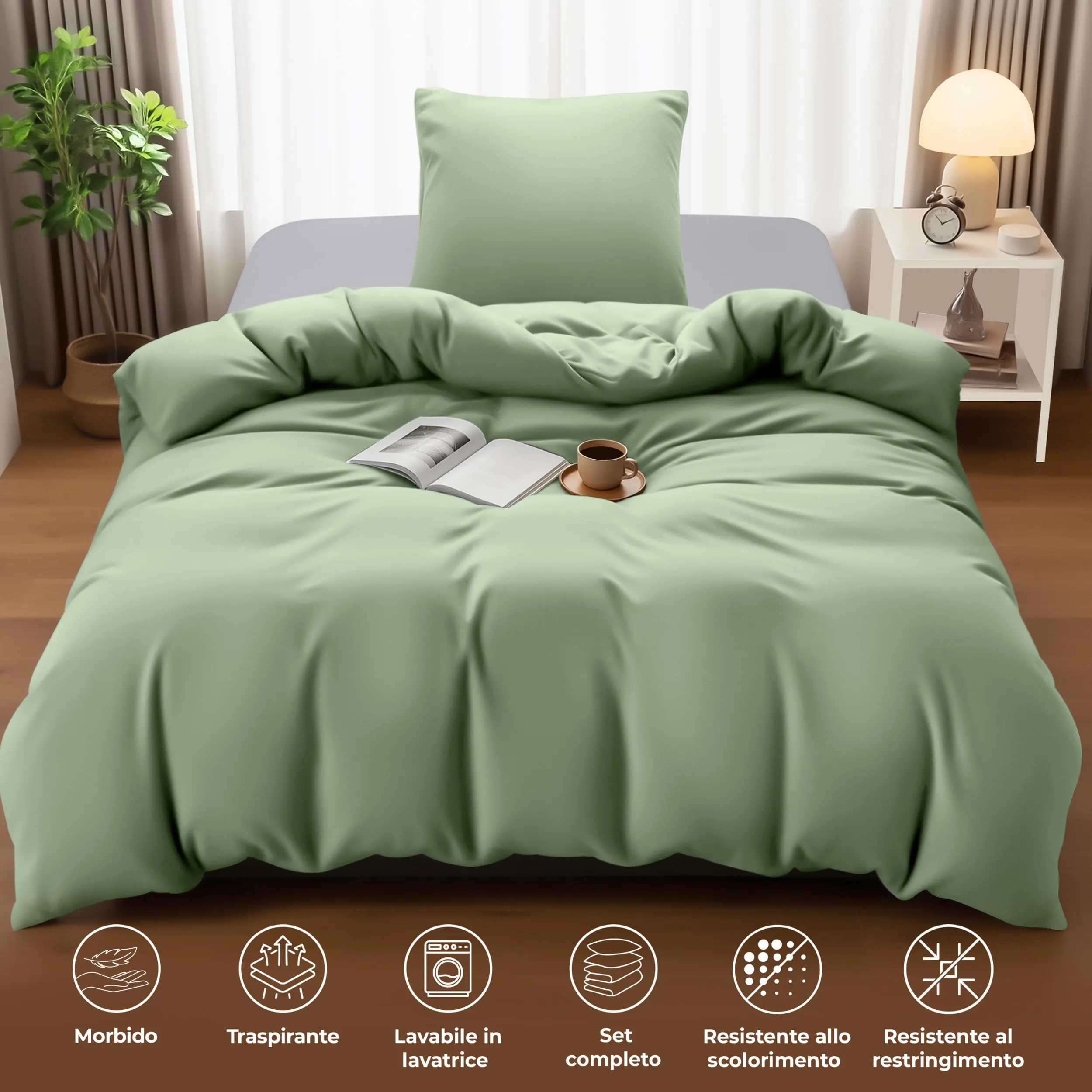 Utopia Bedding Set Copripiumino 135x200 cm e Federa 80x80 cm, Microfibra Spazzolata, Verde Salvia - immagine 5