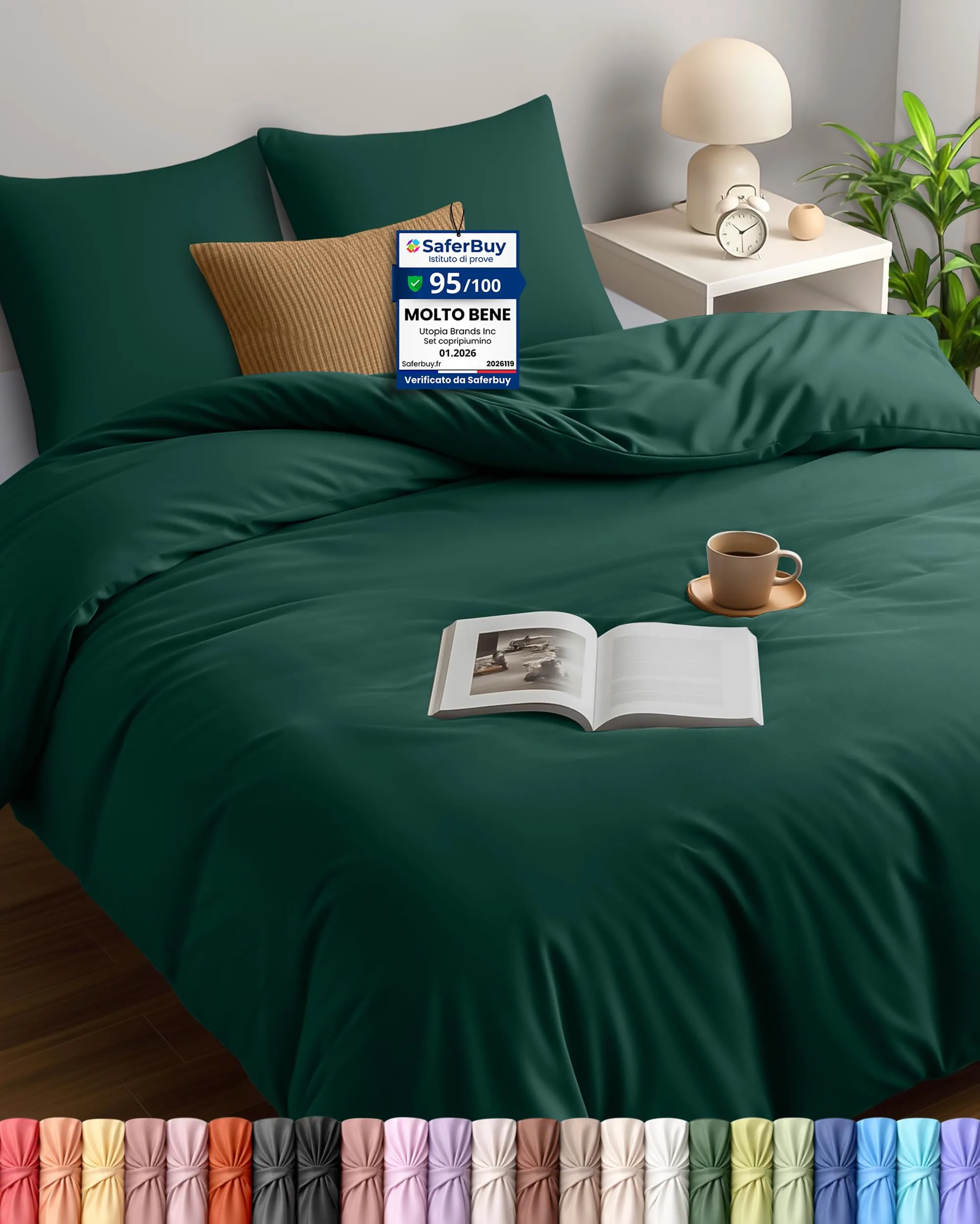 Utopia Bedding Set Copripiumino 240x220 cm e 2 Federe 65x65 cm, Microfibra, Smeraldo - immagine 1