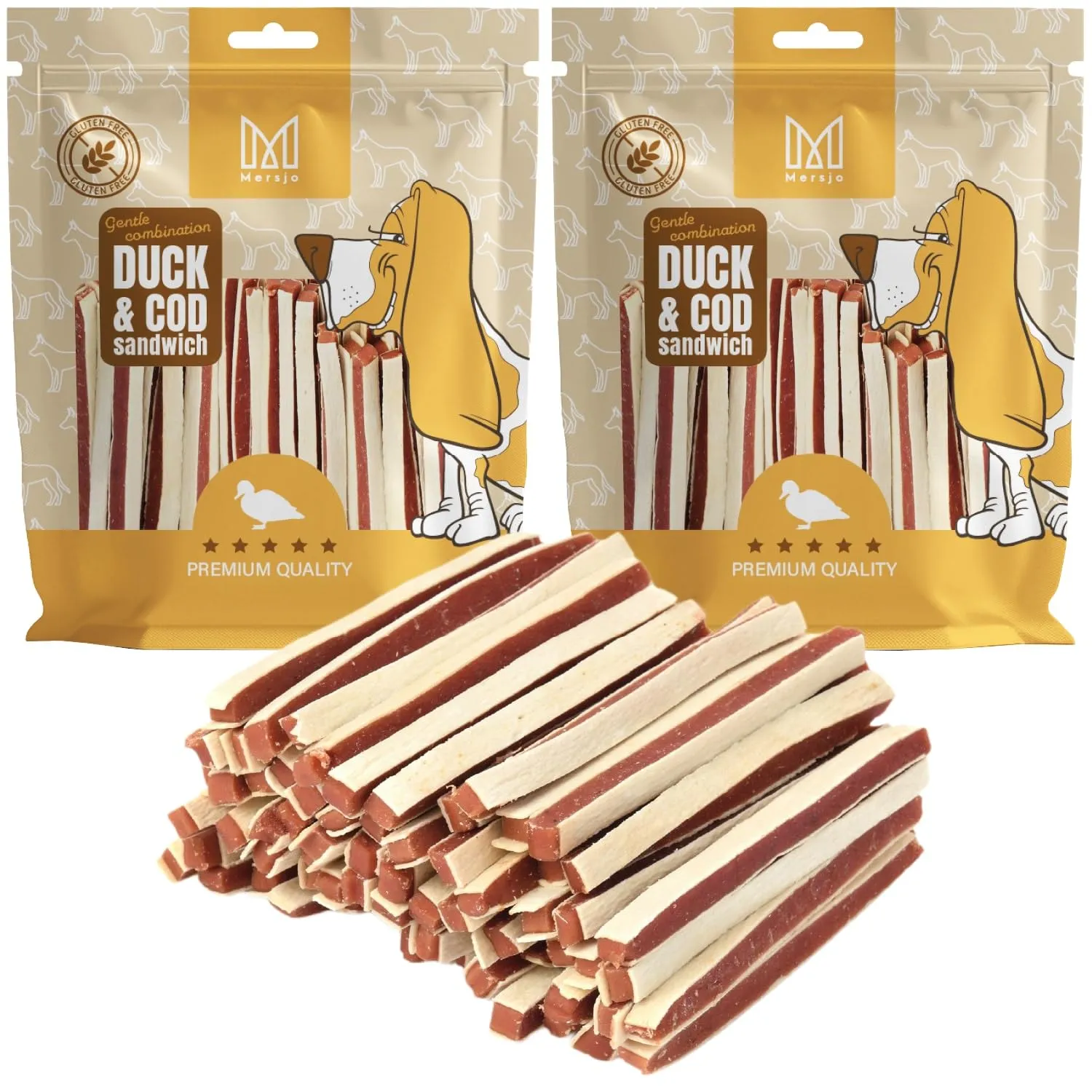 MERSJO Dolcetti per cani, strisce d'anatra, 87% carne, senza cereali e zucchero, 500 g (Confezione da 2) - immagine 1