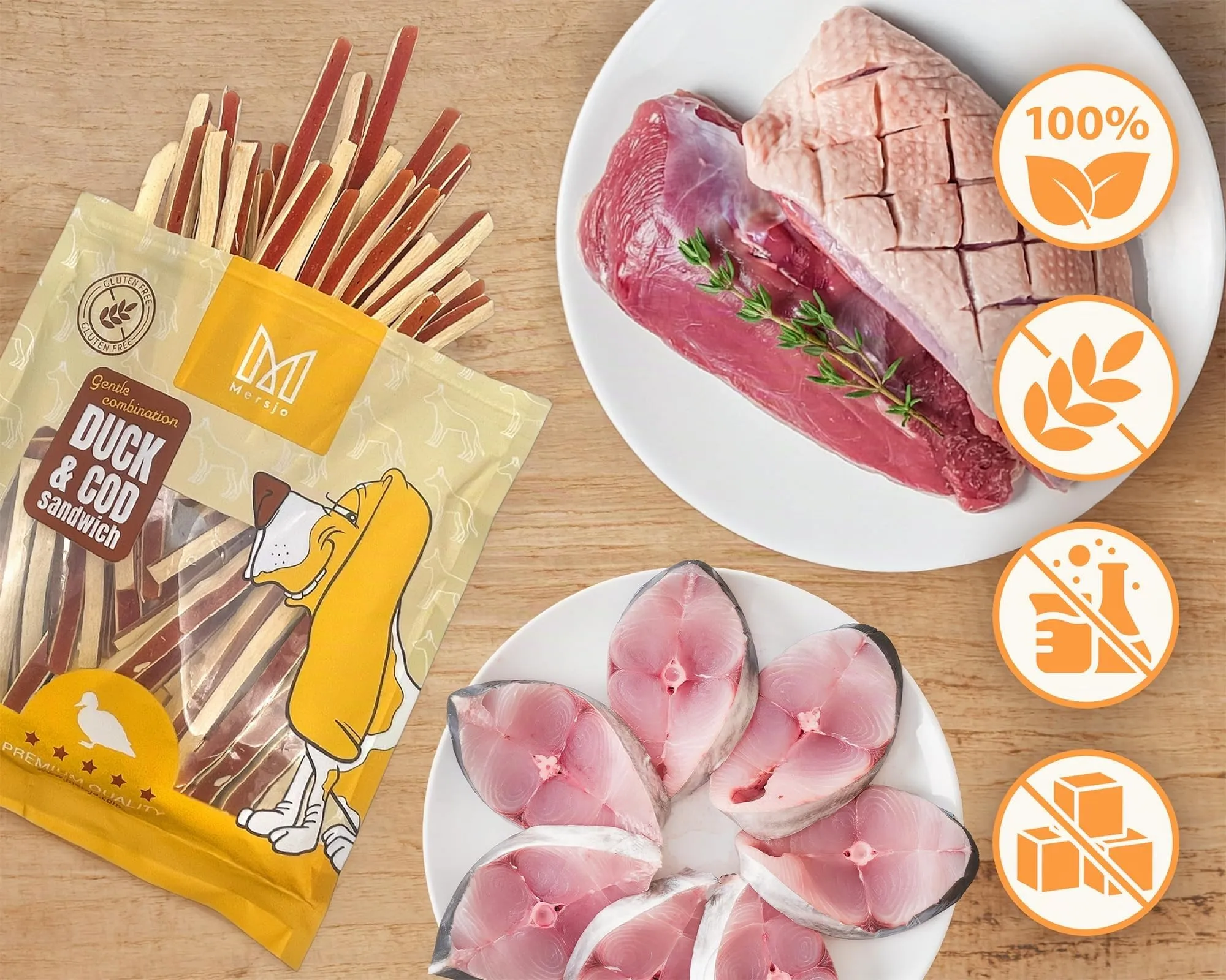 MERSJO Dolcetti per cani, strisce d'anatra, 87% carne, senza cereali e zucchero, 500 g (Confezione da 2) - immagine 4