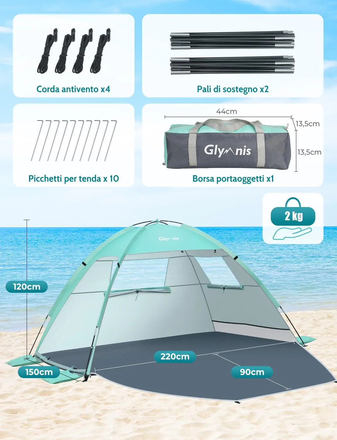 Glymnis Tenda da Spiaggia Portatile con Cerniera, UPF 50+, 2-4 Persone - immagine 2