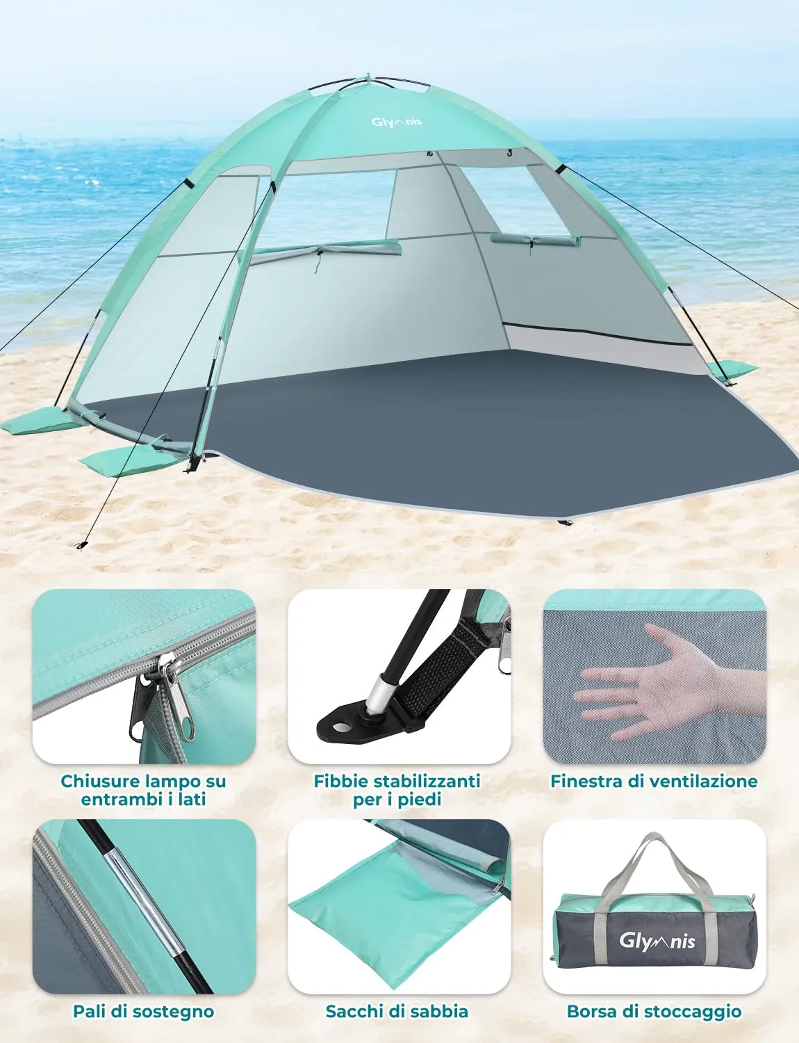 Glymnis Tenda da Spiaggia Portatile con Cerniera, UPF 50+, 2-4 Persone - immagine 3