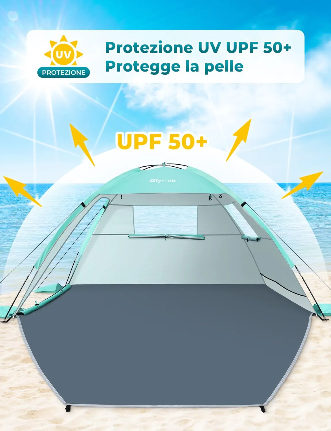 Glymnis Tenda da Spiaggia Portatile con Cerniera, UPF 50+, 2-4 Persone - immagine 4