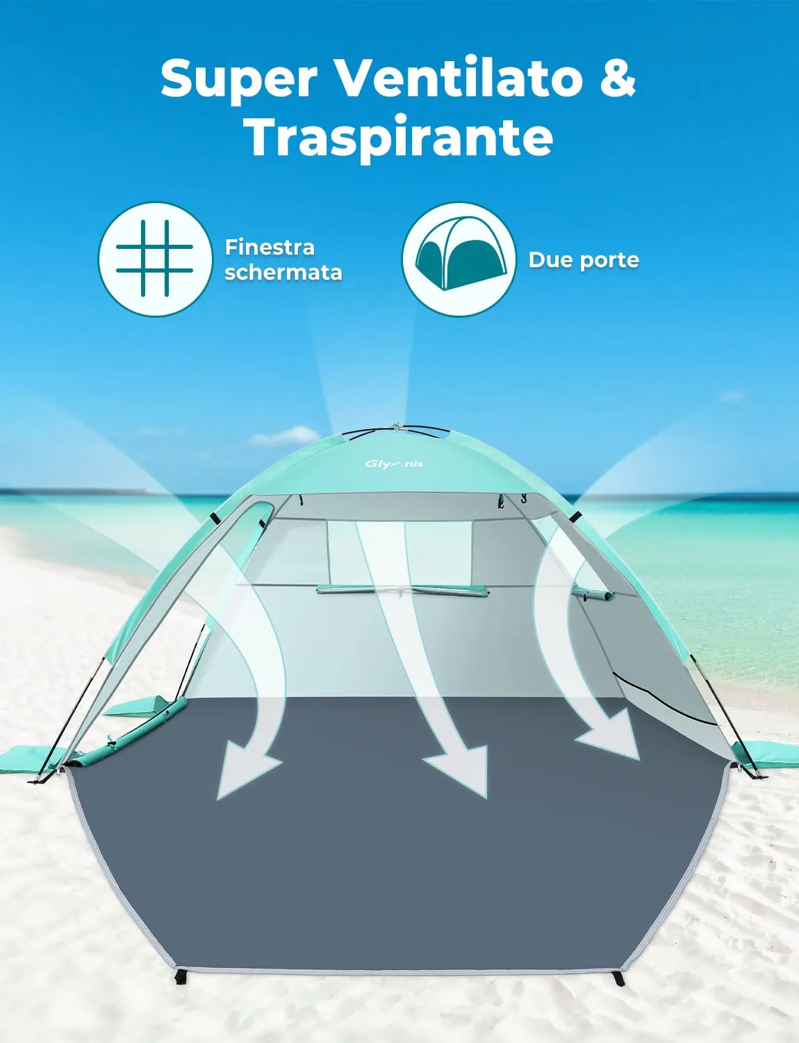 Glymnis Tenda da Spiaggia Portatile con Cerniera, UPF 50+, 2-4 Persone - immagine 6