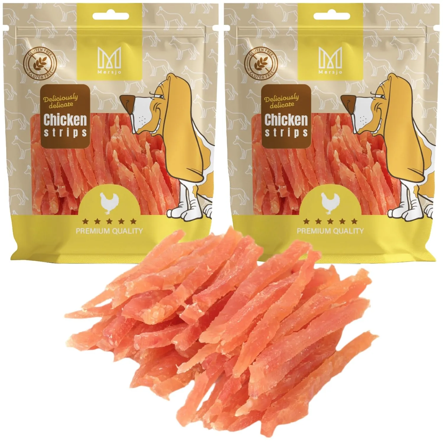 MERSJO Dolcetti per cani strisce di pollo, 88% carne, senza cereali, zucchero o additivi, 500 g (Confezione da 2) - immagine 1