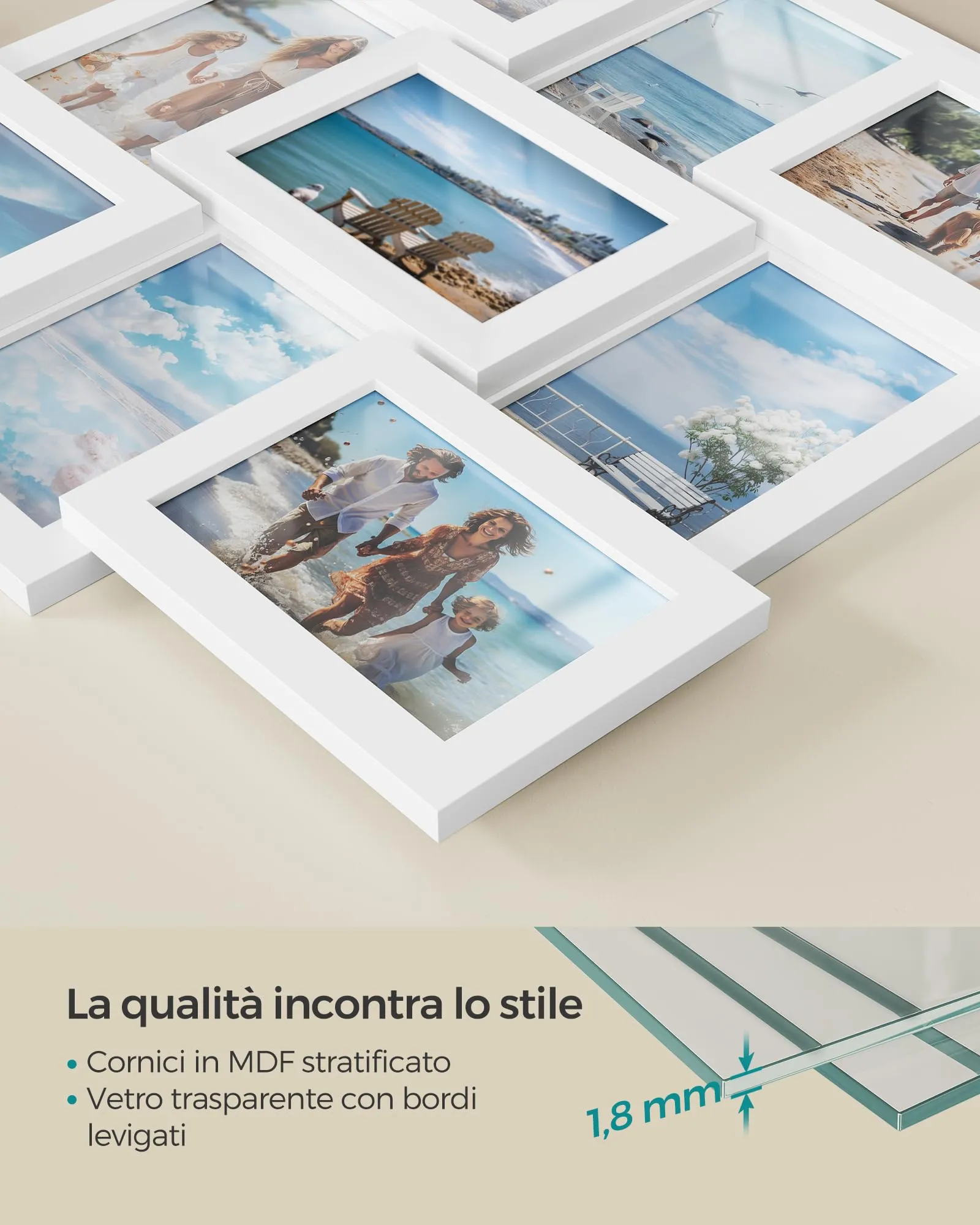 SONGMICS Collage di Cornici per 9 Foto 10 x 15 cm, MDF e Vetro, Bianco RPF029W01 - immagine 3