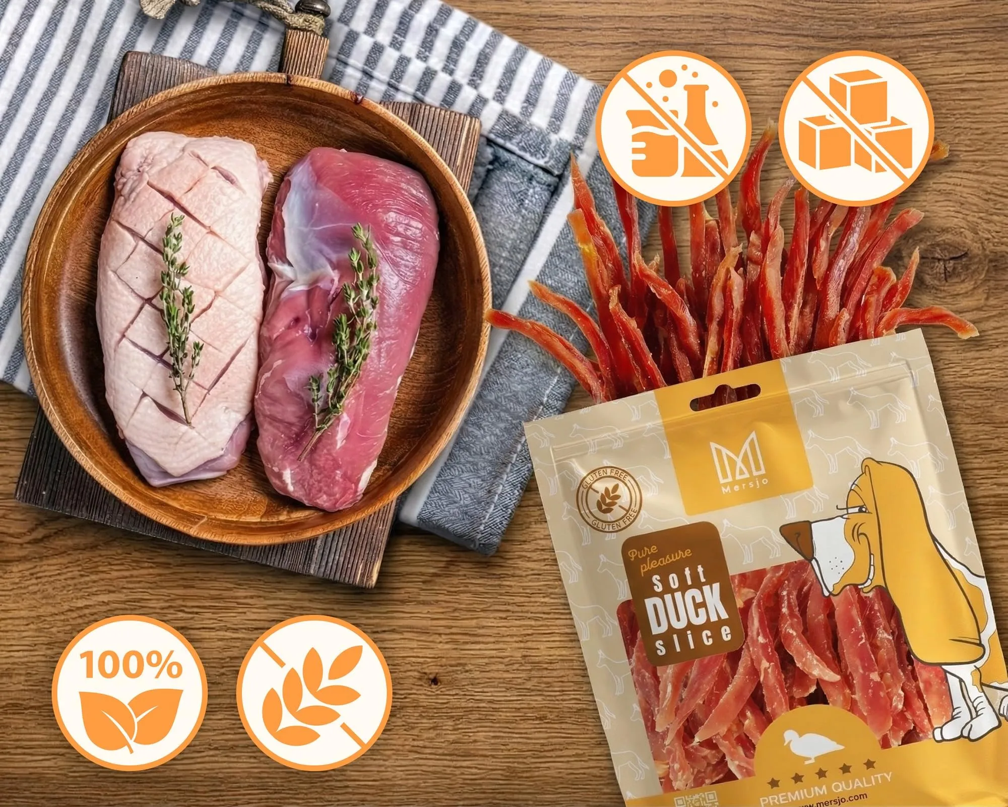 MERSJO Dolcetti per cani strisce d'anatra, 92% carne, senza cereali e zucchero, 500 g (Confezione da 2) - immagine 3