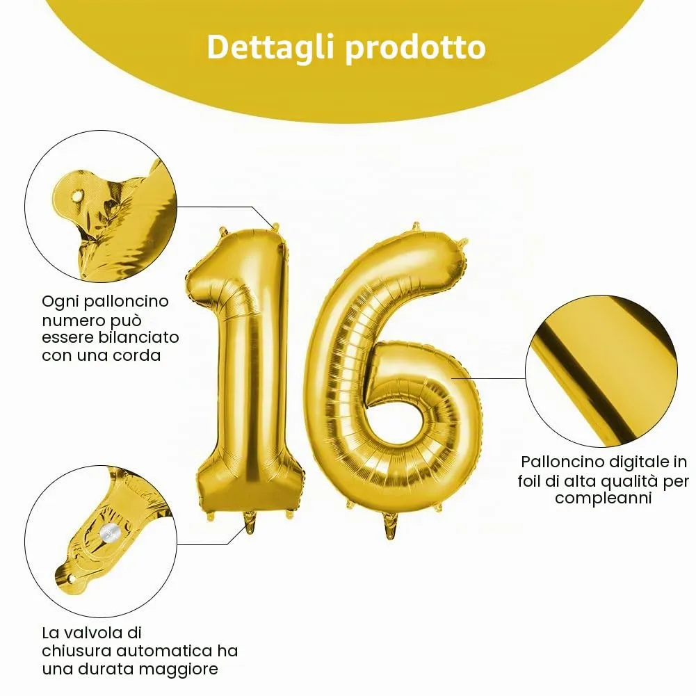 OFFCUP Palloncini Compleanno Oro 101 cm, Numero 16/61 - immagine 3