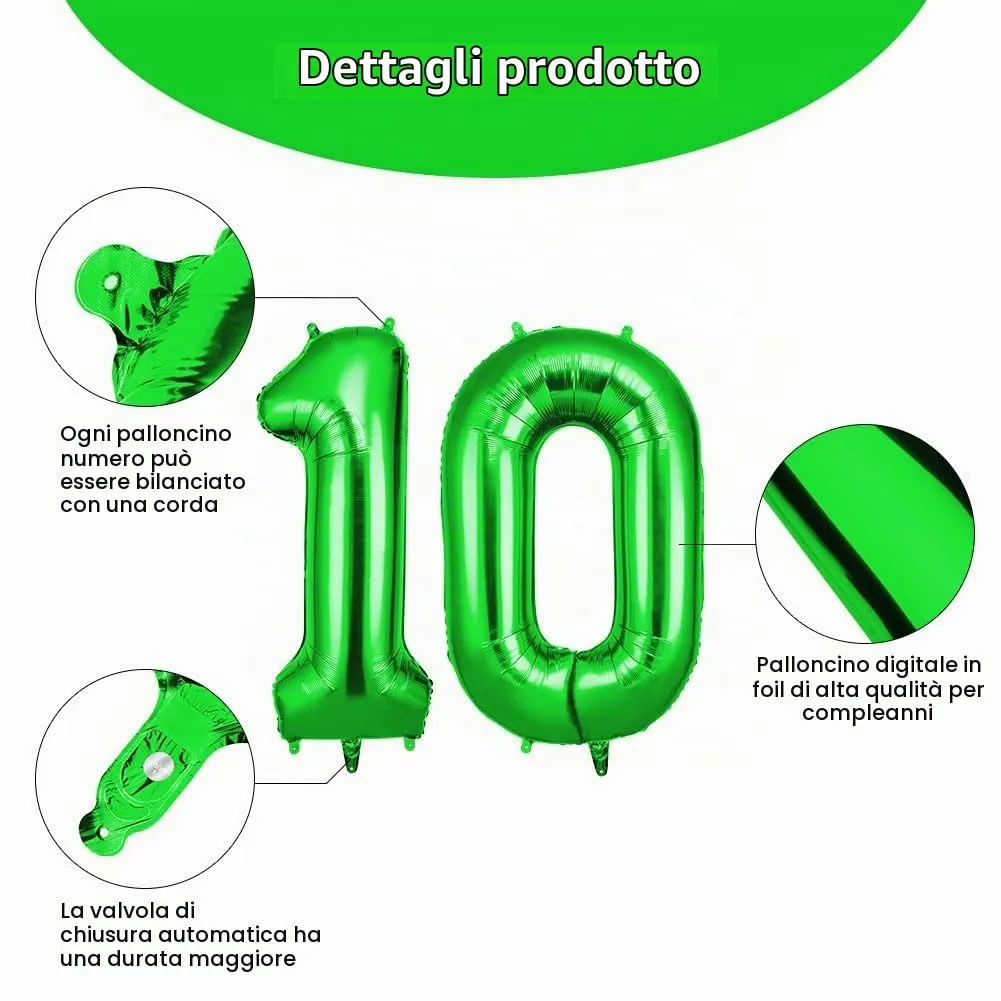 OFFCUP Palloncini Compleanno Numero 10, Verde, 101 cm - immagine 3
