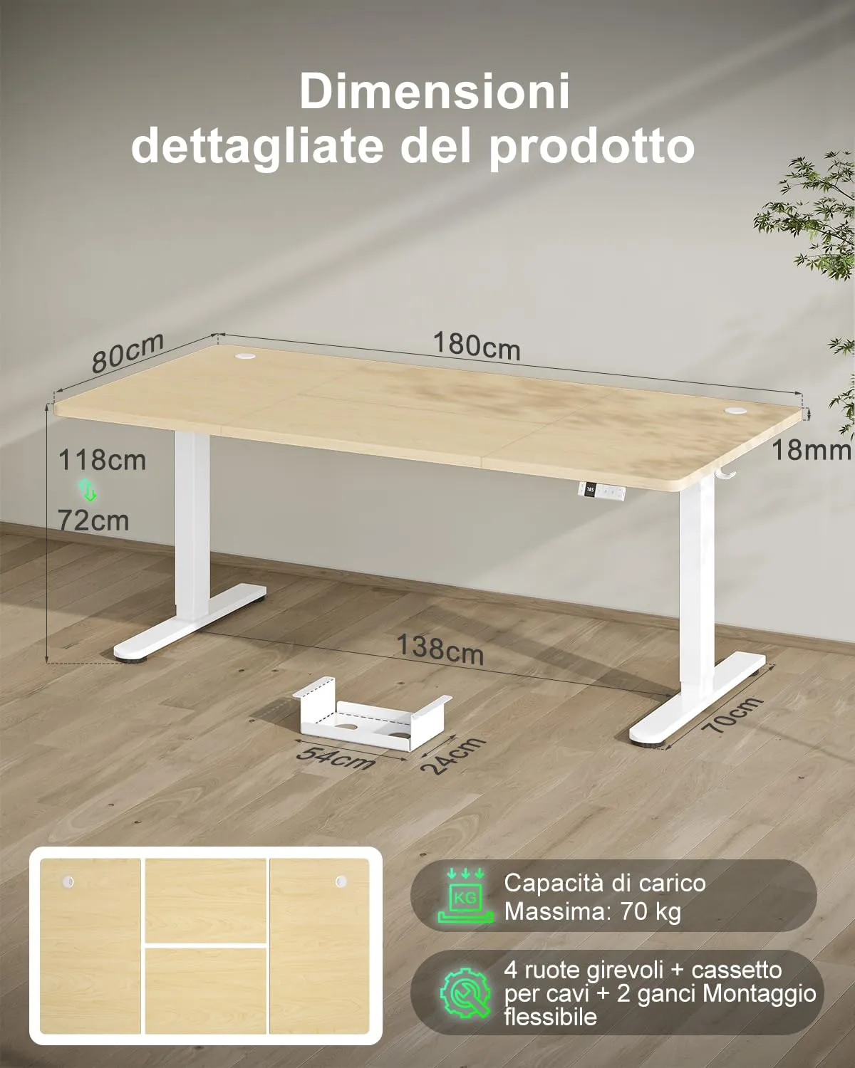 Devoko Scrivania Regolabile in Altezza 180x80 cm Rovere con Ruote - immagine 2