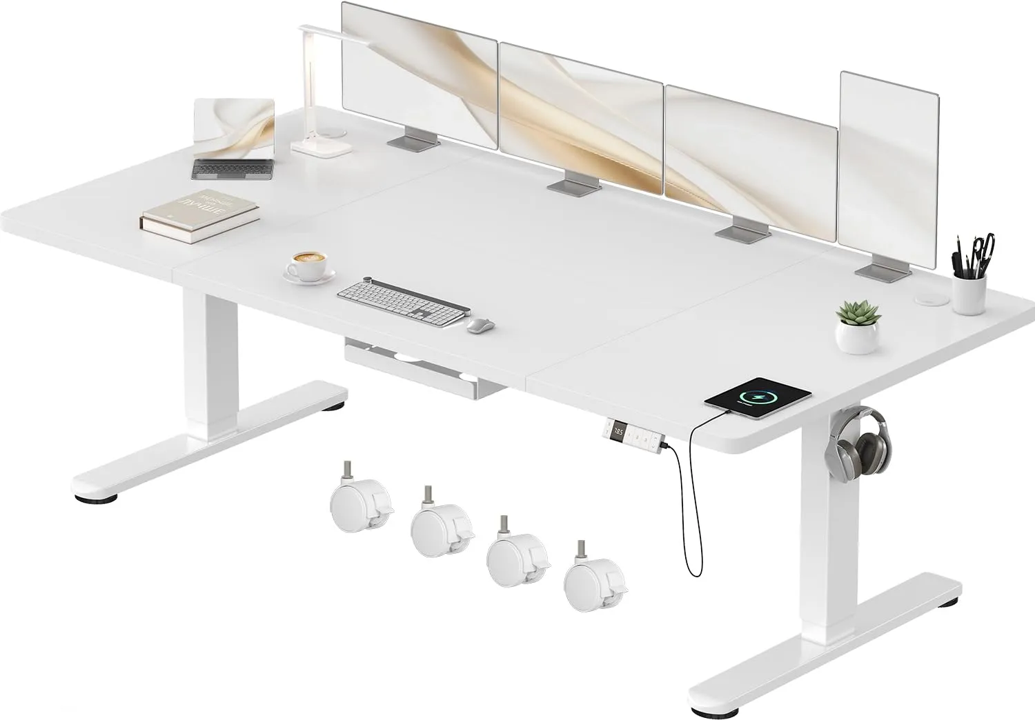 Devoko Scrivania Regolabile in Altezza 200x100 cm Bianco con Ruote - immagine 1