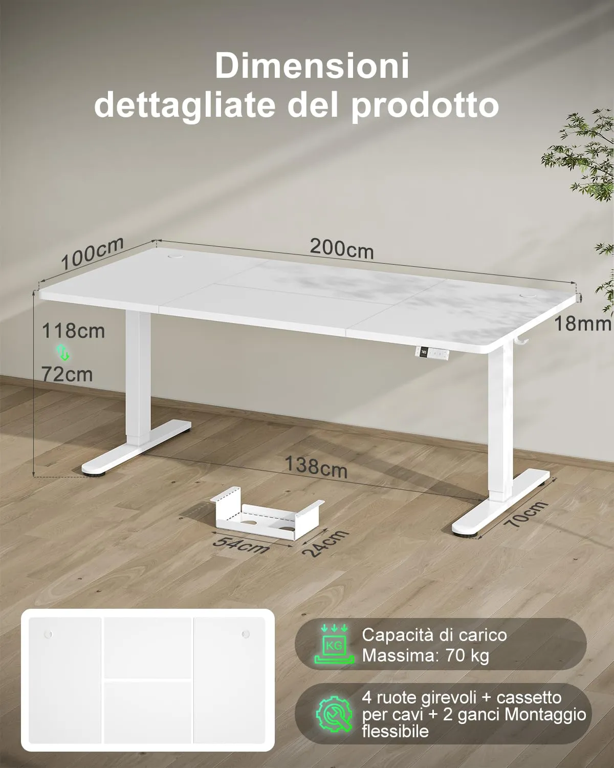Devoko Scrivania Regolabile in Altezza 200x100 cm Bianco con Ruote - immagine 2
