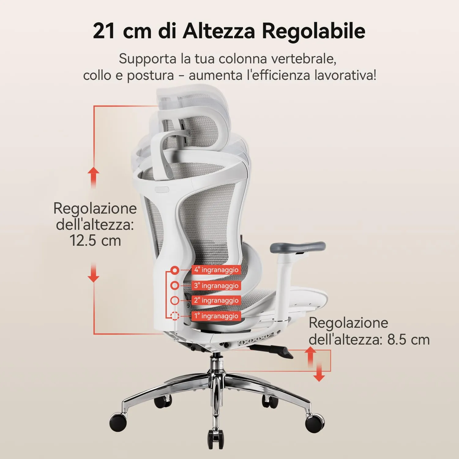 SIHOO Doro C300 Sedia Ufficio Ergonomica con Supporto Lombare Dinamico, Bianco - immagine 3