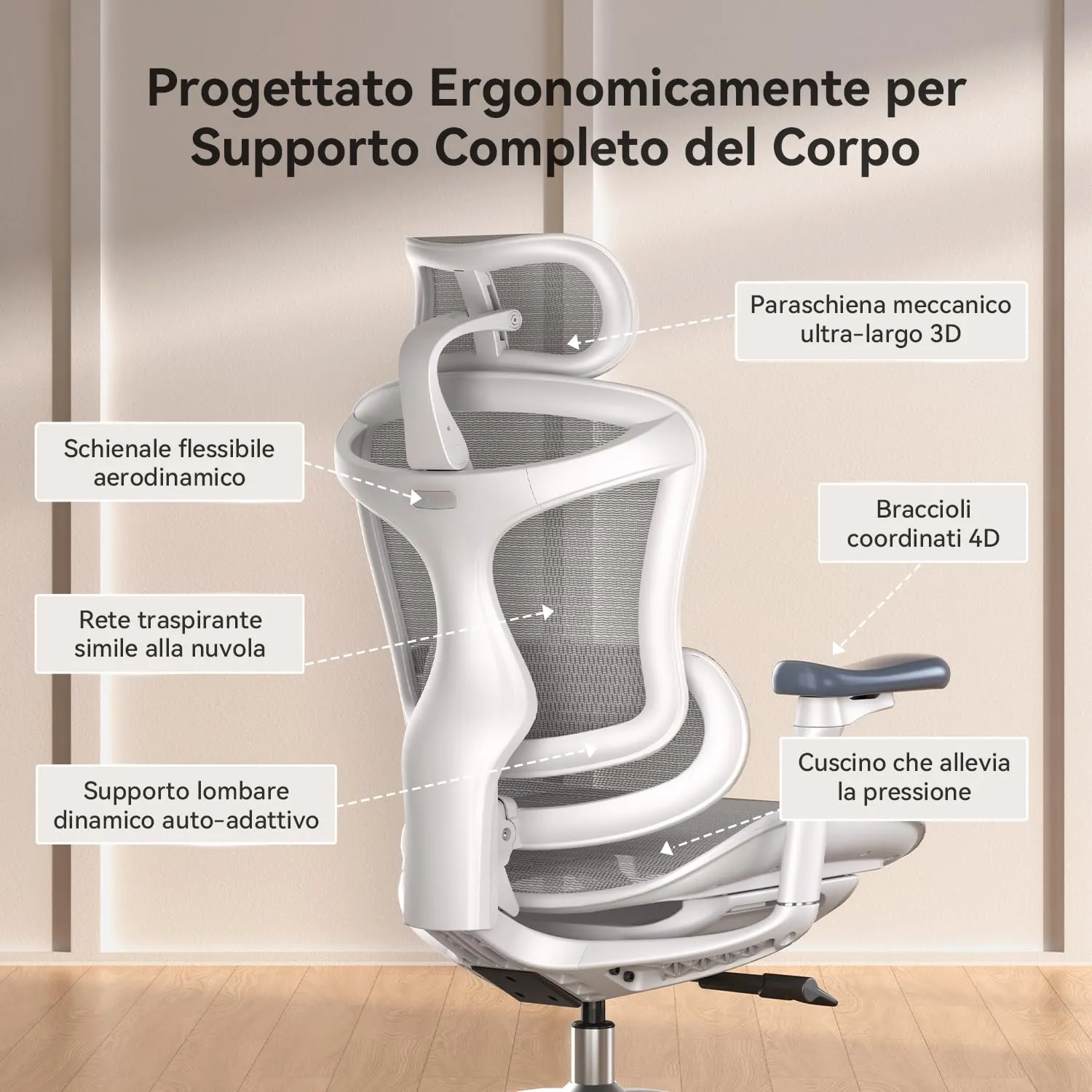 SIHOO Doro C300 Sedia Ufficio Ergonomica con Supporto Lombare Dinamico, Bianco - immagine 9
