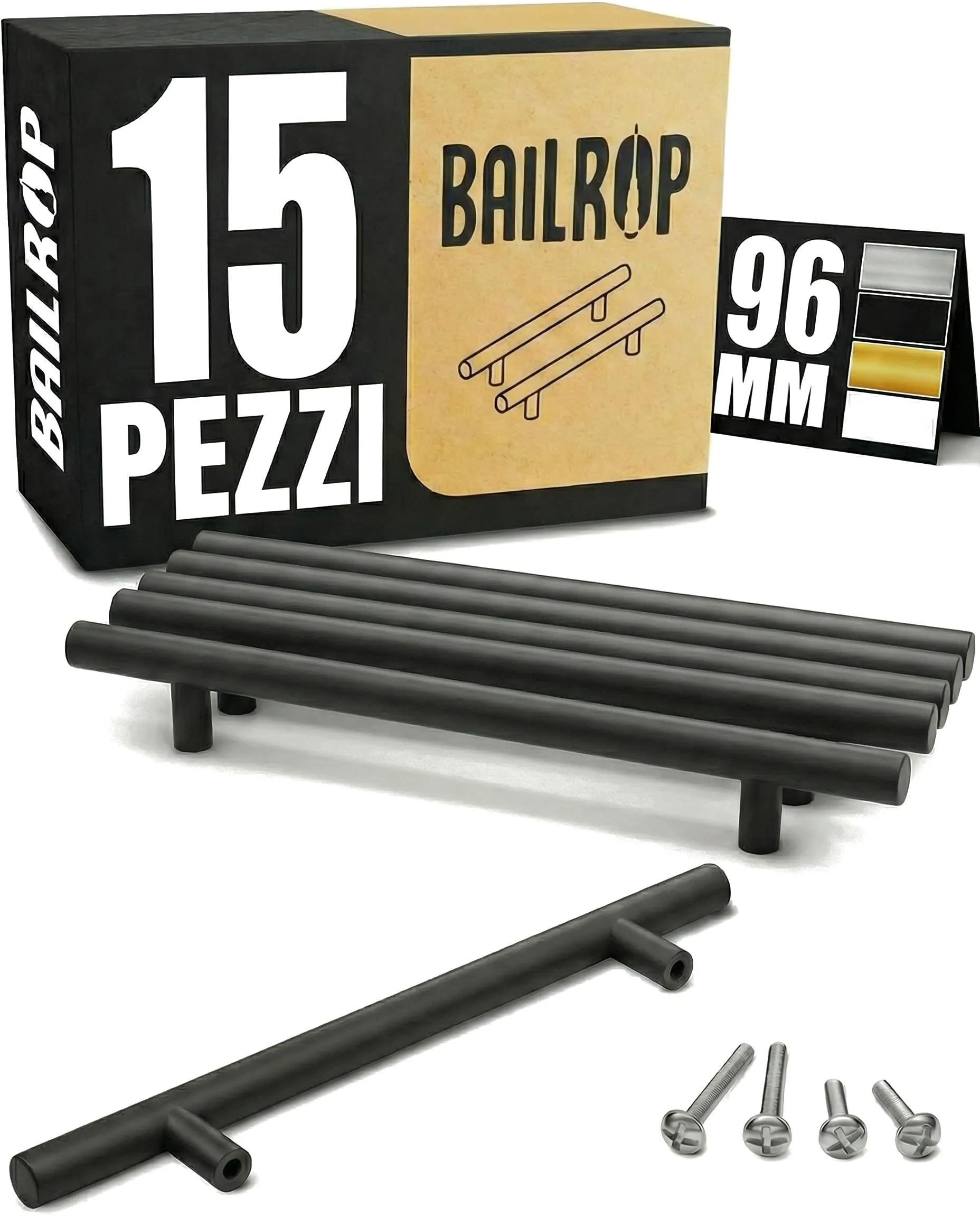 BAILROP Maniglie per Mobili da Cucina in Acciaio Inox, Nero Opaco, 96mm (Pacco da 15) - immagine 1