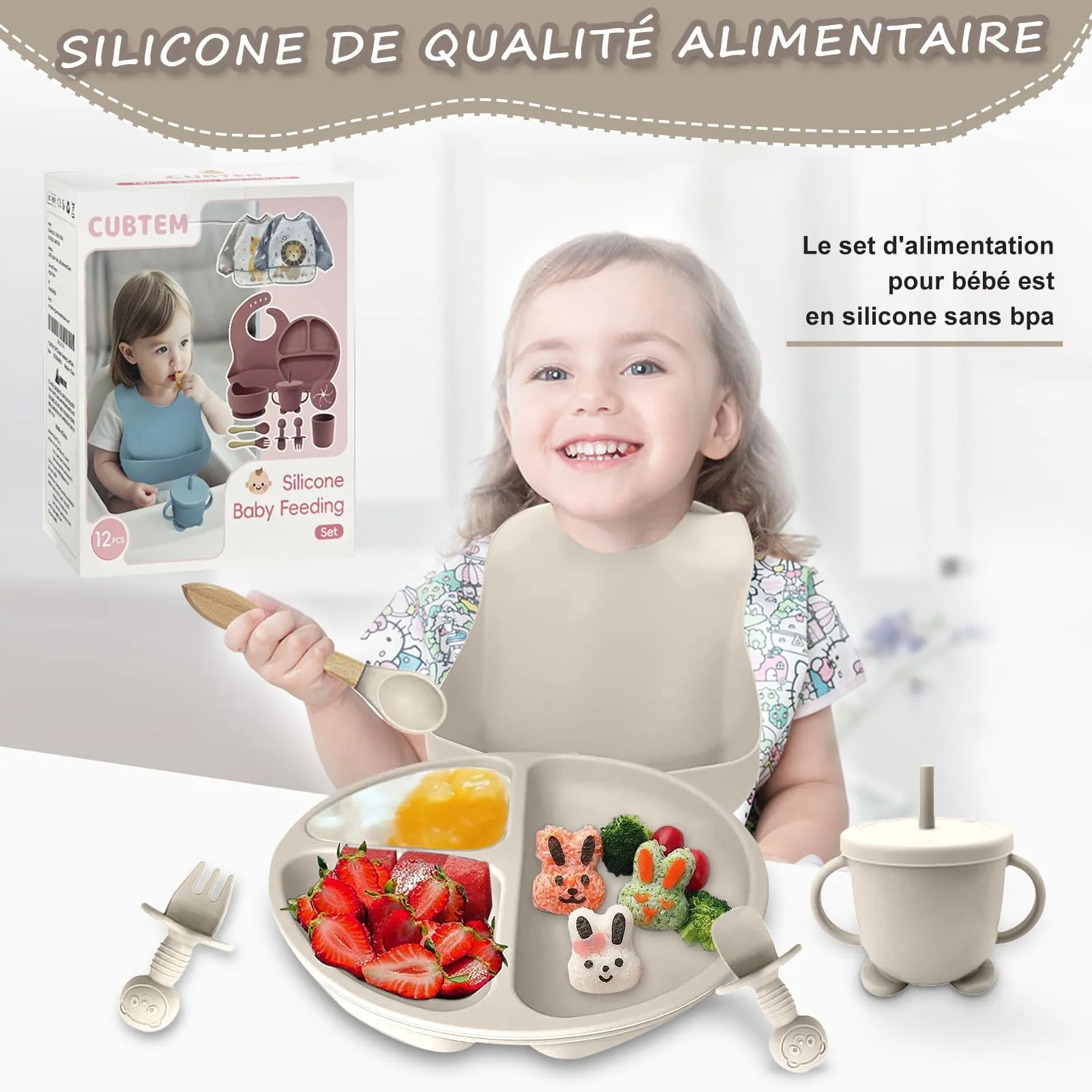 CUBTEM Set Pappa Svezzamento 12 Pezzi in Silicone con Piatti a Ventosa, Ciotola, Bavaglino e Posate per Neonati - immagine 2
