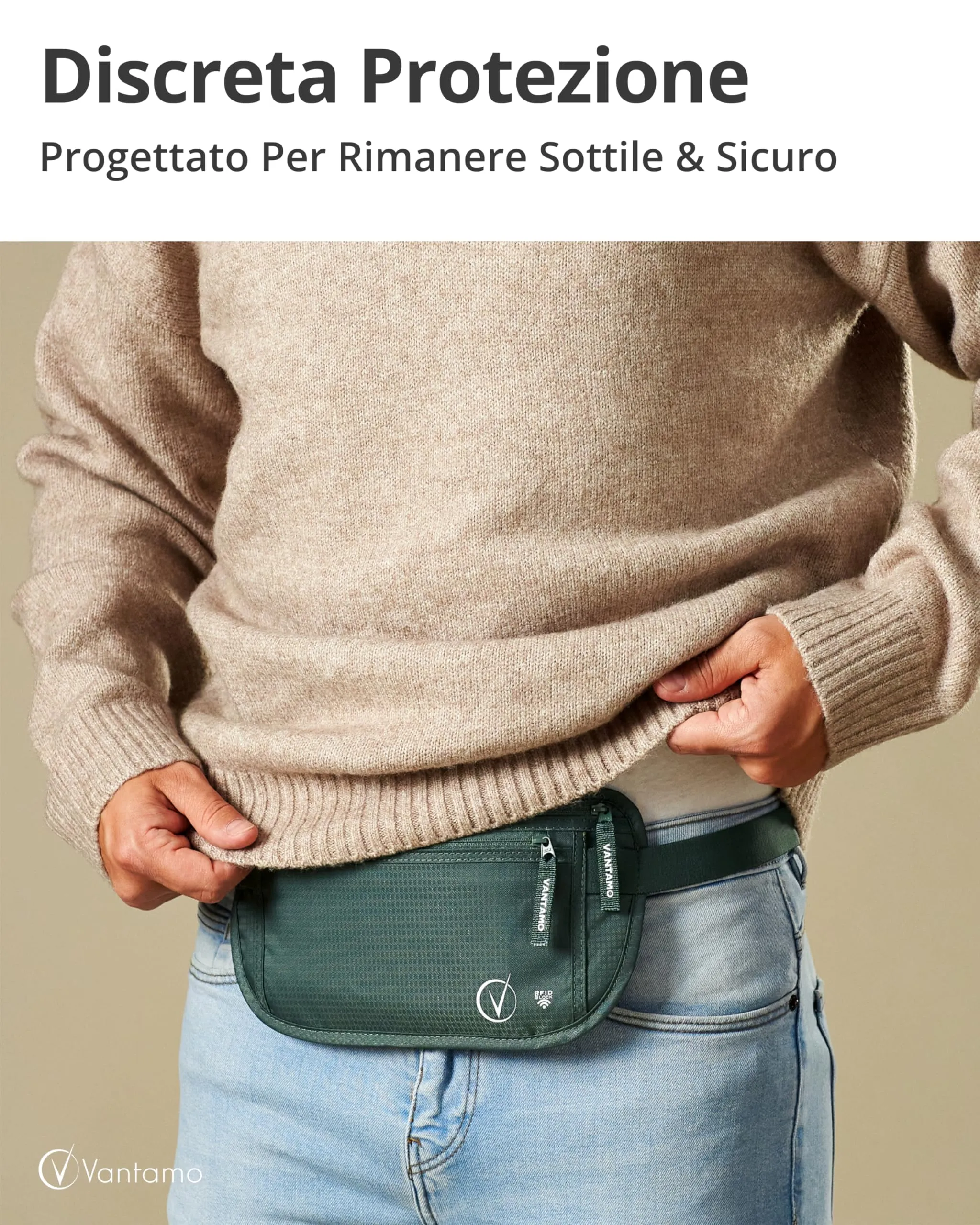 Vantamo Cintura da viaggio nascosta con protezione RFID per passaporto e telefono, Ocean Green - immagine 2