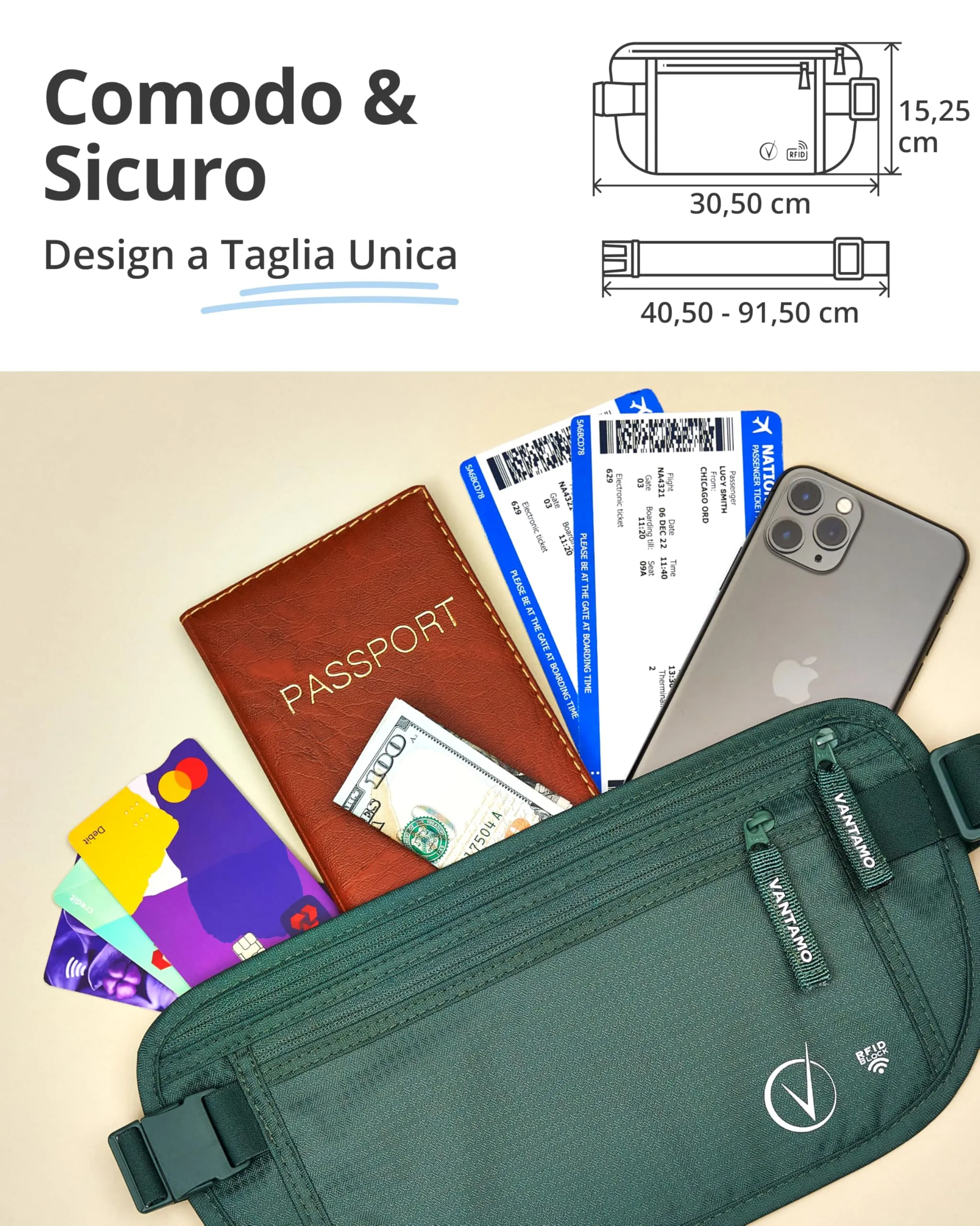 Vantamo Cintura da viaggio nascosta con protezione RFID per passaporto e telefono, Ocean Green - immagine 4