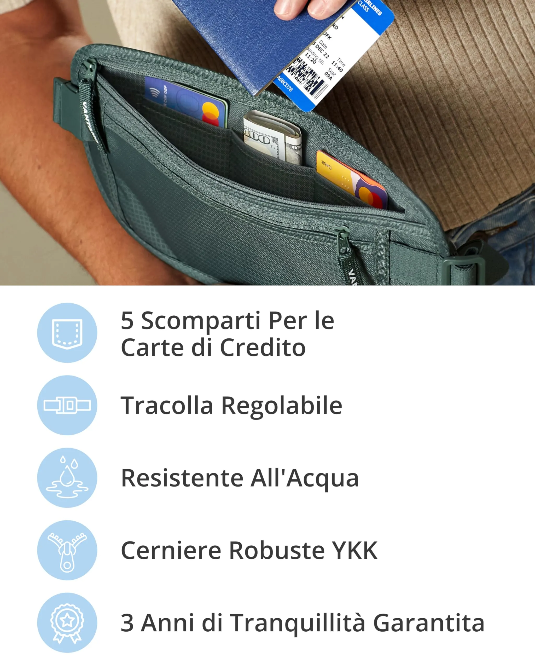 Vantamo Cintura da viaggio nascosta con protezione RFID per passaporto e telefono, Ocean Green - immagine 5