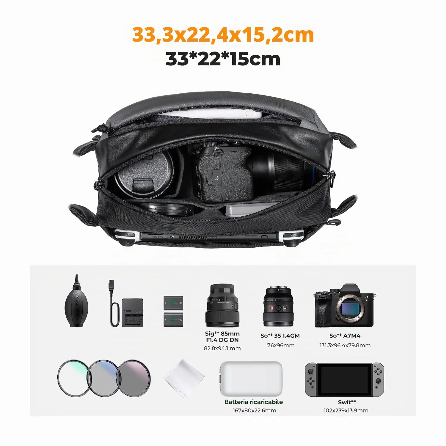 K&F CONCEPT Borsa Foto Tracolla Impermeabile Antiurto 24cm Nero - immagine 2