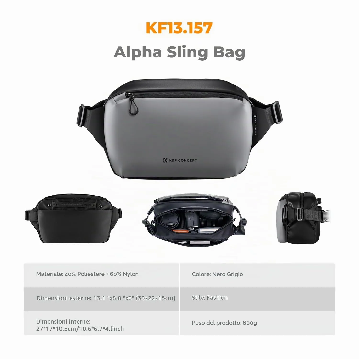 K&F CONCEPT Borsa Foto Tracolla Impermeabile Antiurto 24cm Nero - immagine 6