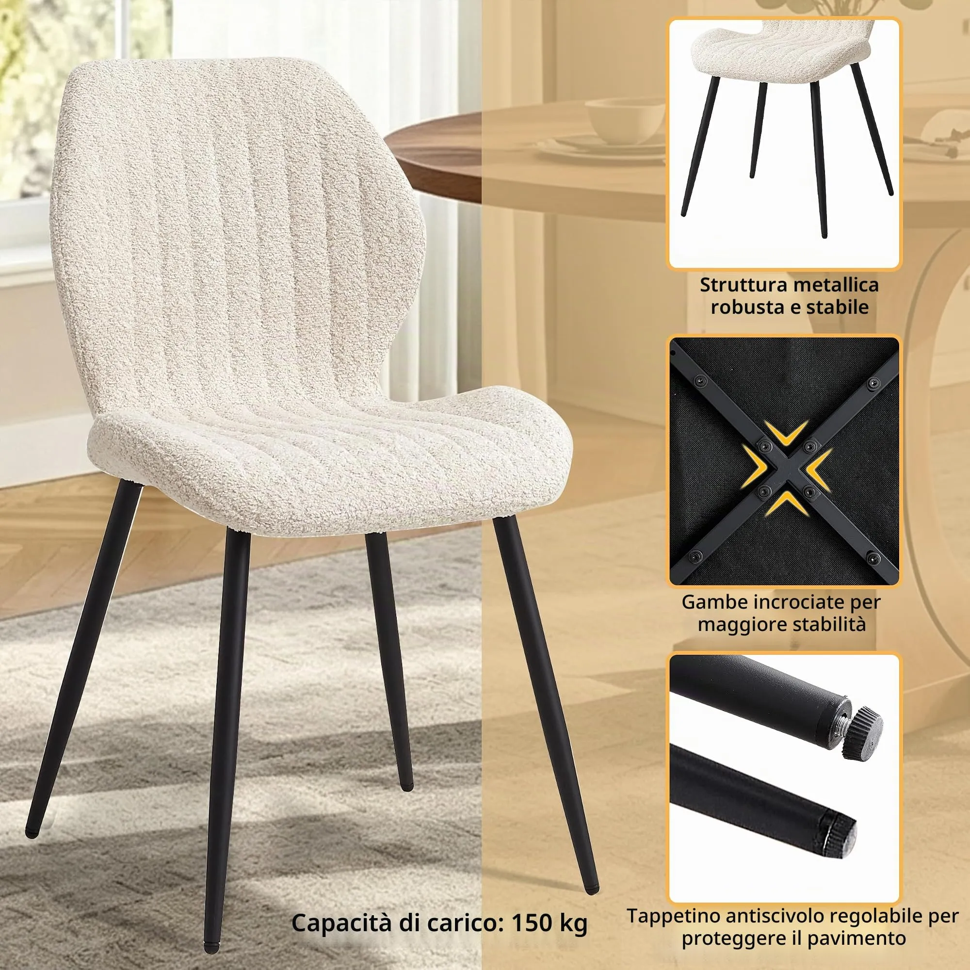GrandCA HOME Set di 8 Sedie da Pranzo Imbottite, Gambe in Metallo, Beige - immagine 6