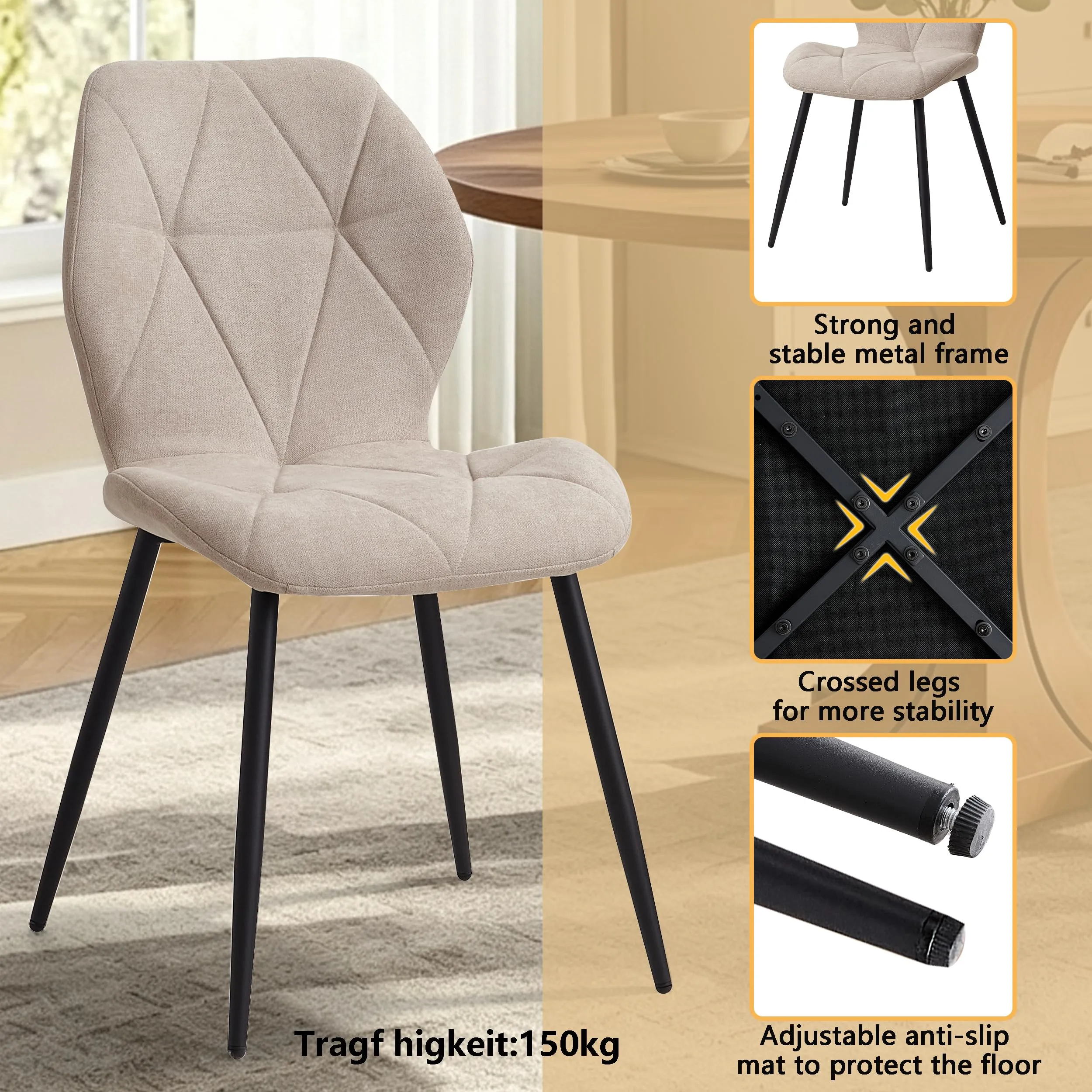 GrandCA HOME Set di 8 Sedie da Pranzo Imbottite, Sedie da Cucina Nordiche con Gambe in Metallo, Beige-R - immagine 4