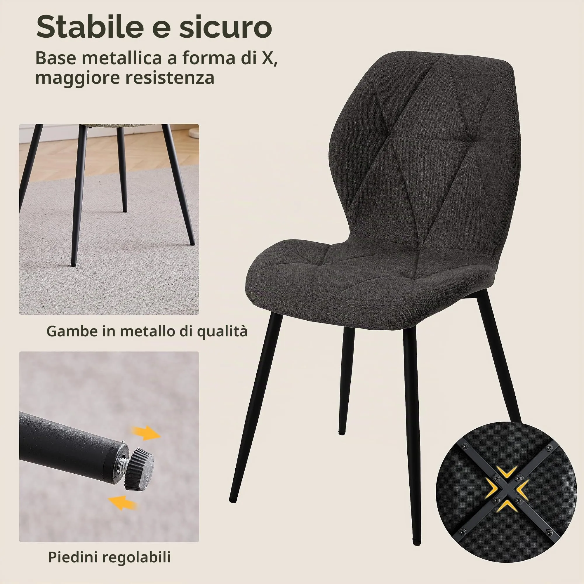 GrandCA HOME Set di 4 Sedie da Pranzo Imbottite in Tessuto a Rombi con Gambe in Metallo, Nero-R - immagine 4