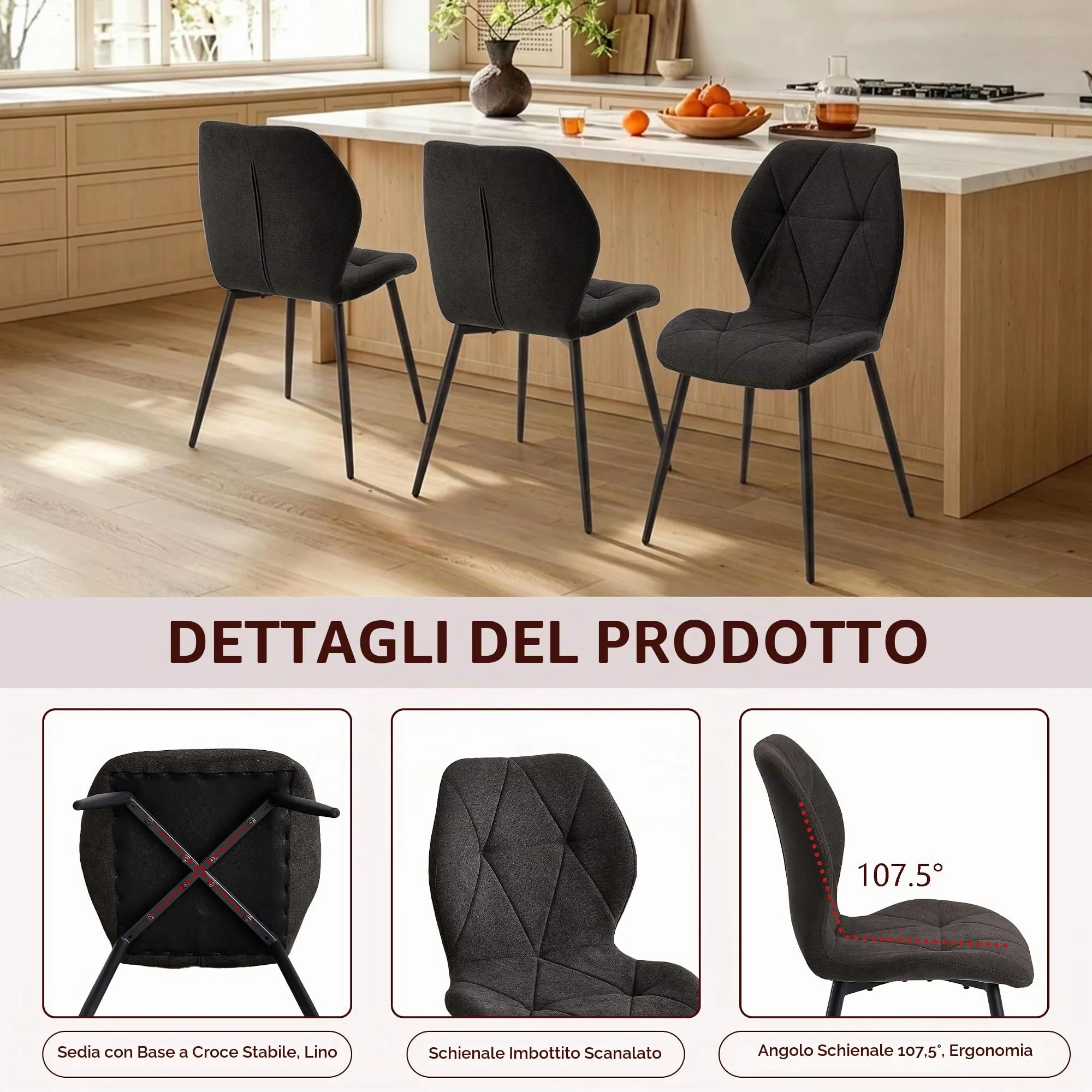 GrandCA HOME Set di 4 Sedie da Pranzo Imbottite in Tessuto a Rombi con Gambe in Metallo, Nero-R - immagine 8