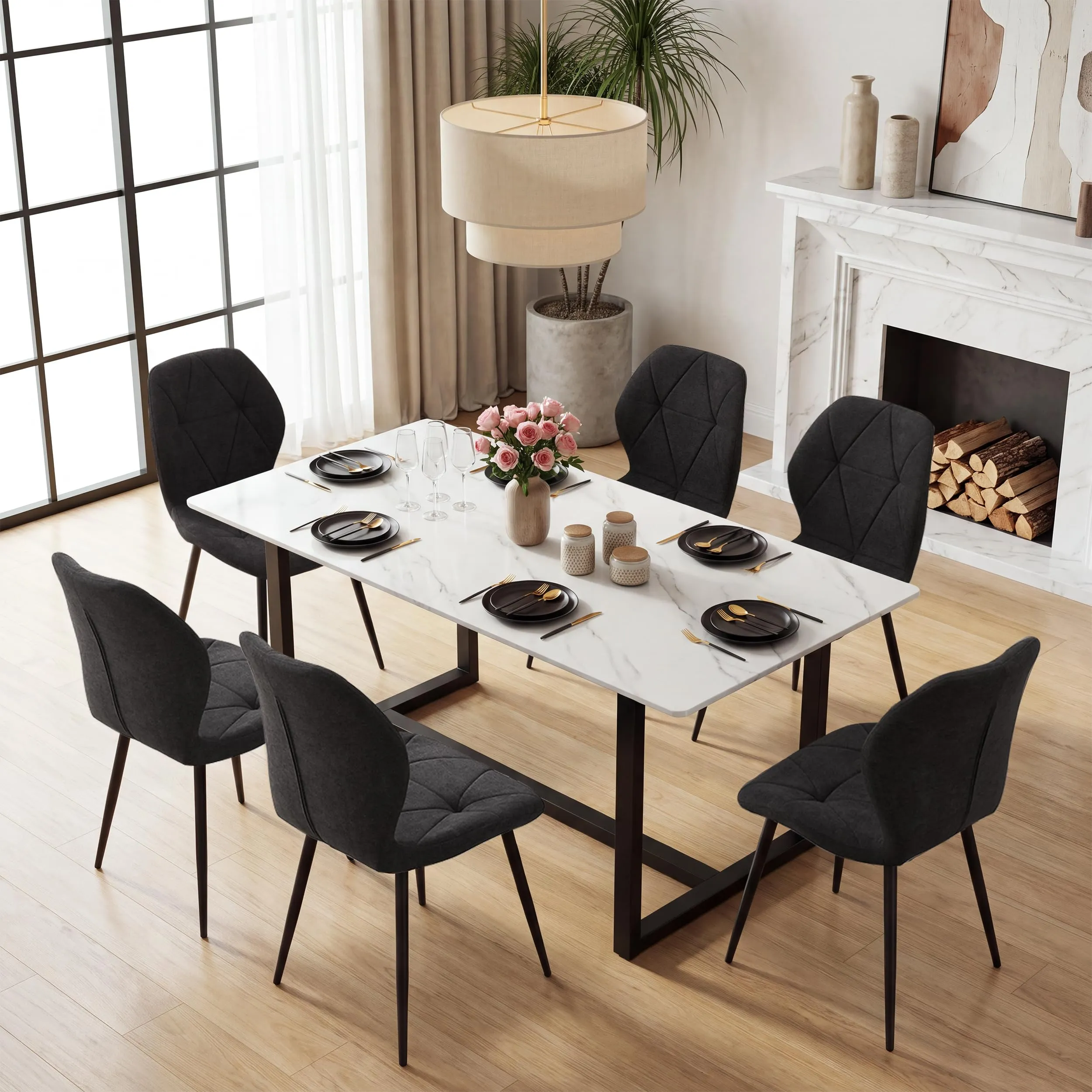 GrandCA HOME Set di 8 Sedie da Pranzo Imbottite, Sedie da Cucina Nordiche con Gambe in Metallo, Nero-R - immagine 2