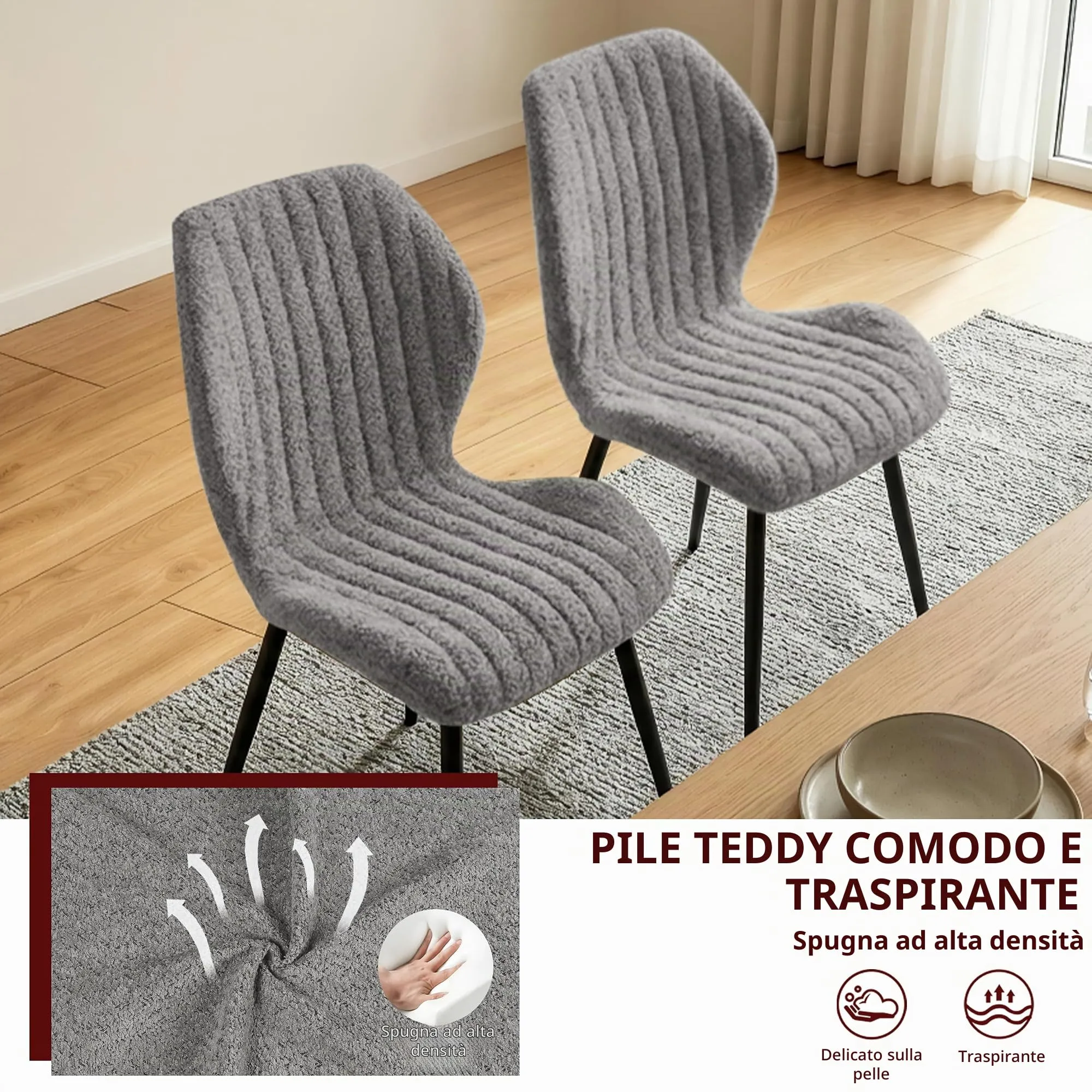 GrandCA HOME Set di 8 Sedie da Pranzo Imbottite, Gambe in Metallo, Grigio - immagine 8
