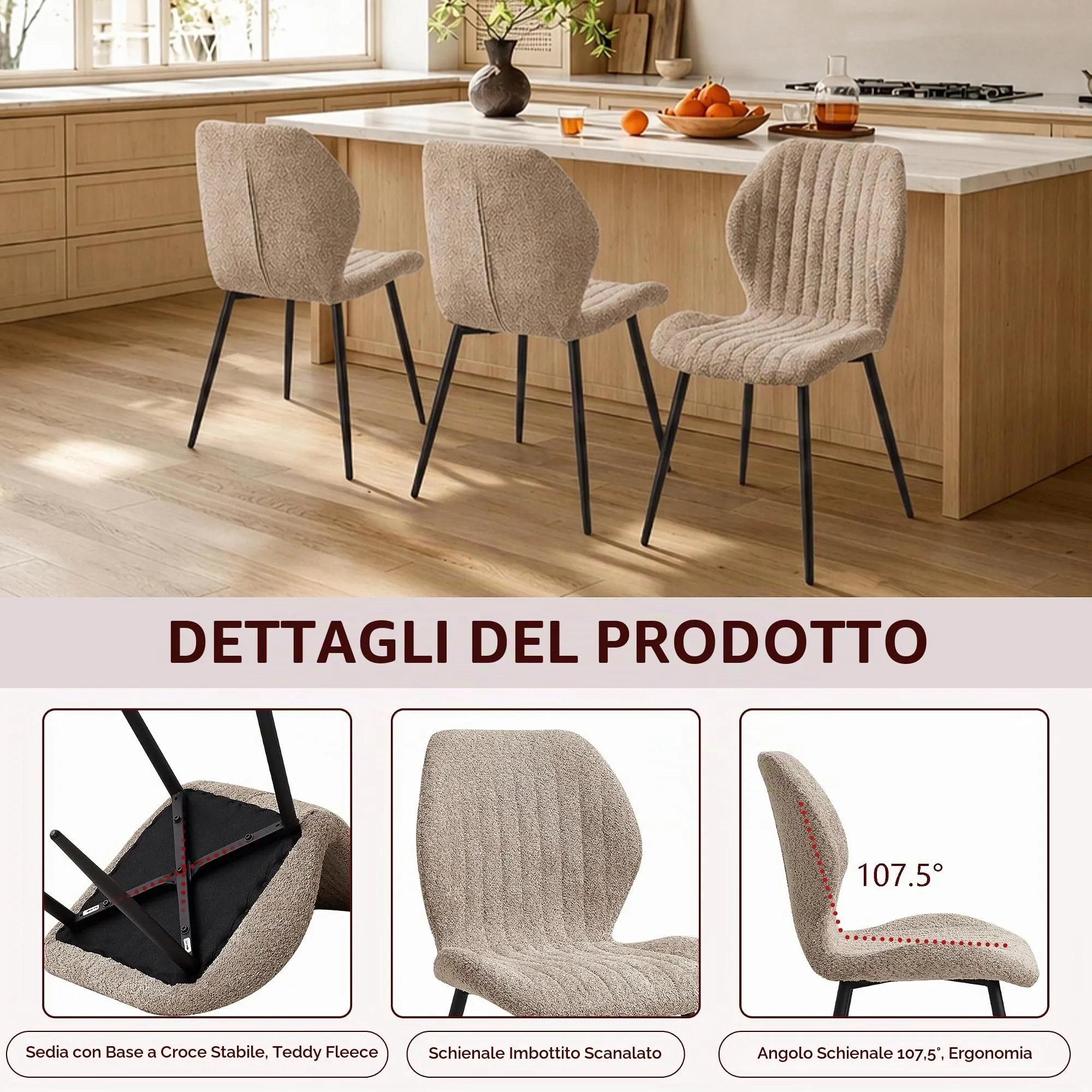 GrandCA HOME Set di 8 Sedie da Pranzo Imbottite in Tessuto con Gambe in Metallo, Marrone - immagine 5