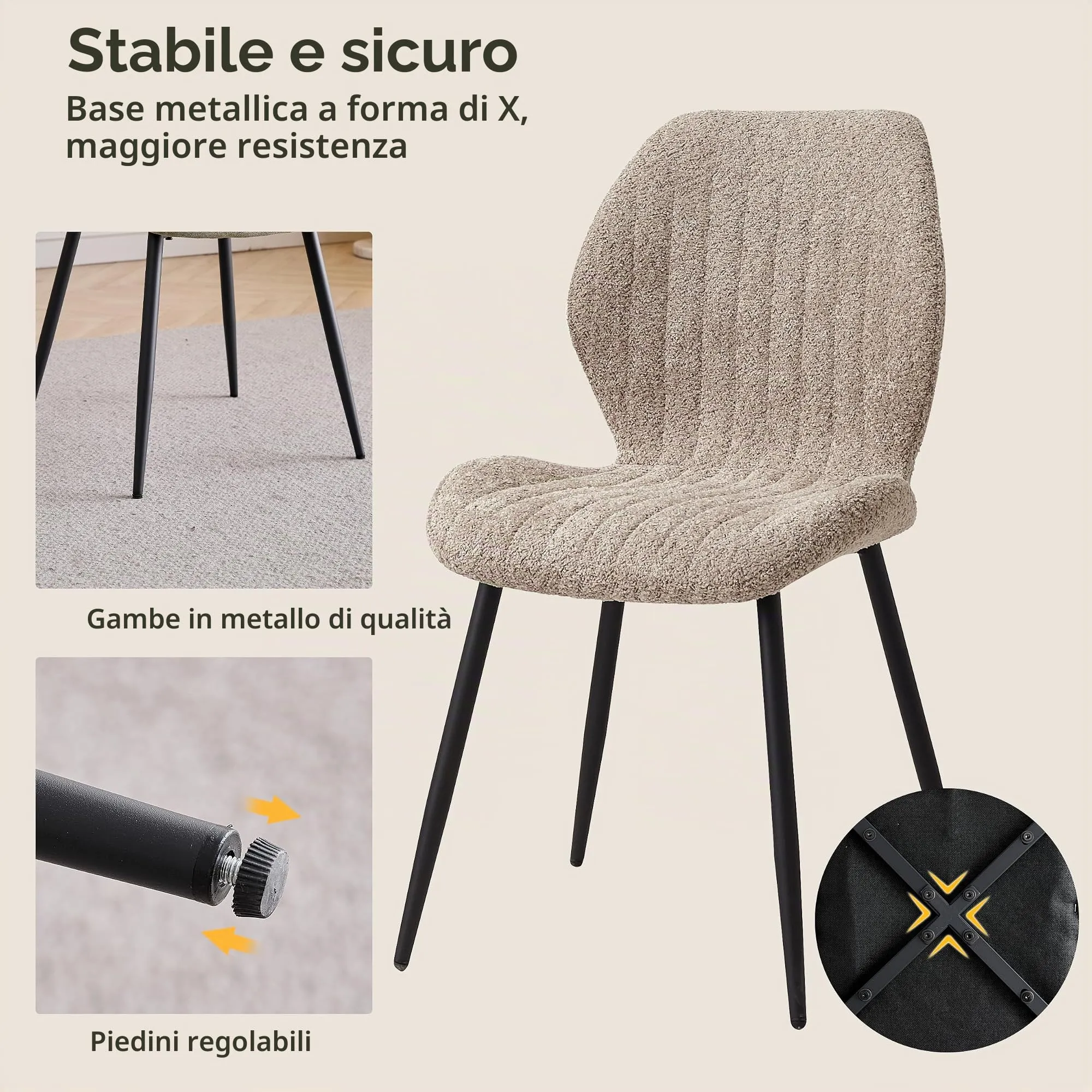 GrandCA HOME Set di 8 Sedie da Pranzo Imbottite in Tessuto con Gambe in Metallo, Marrone - immagine 6