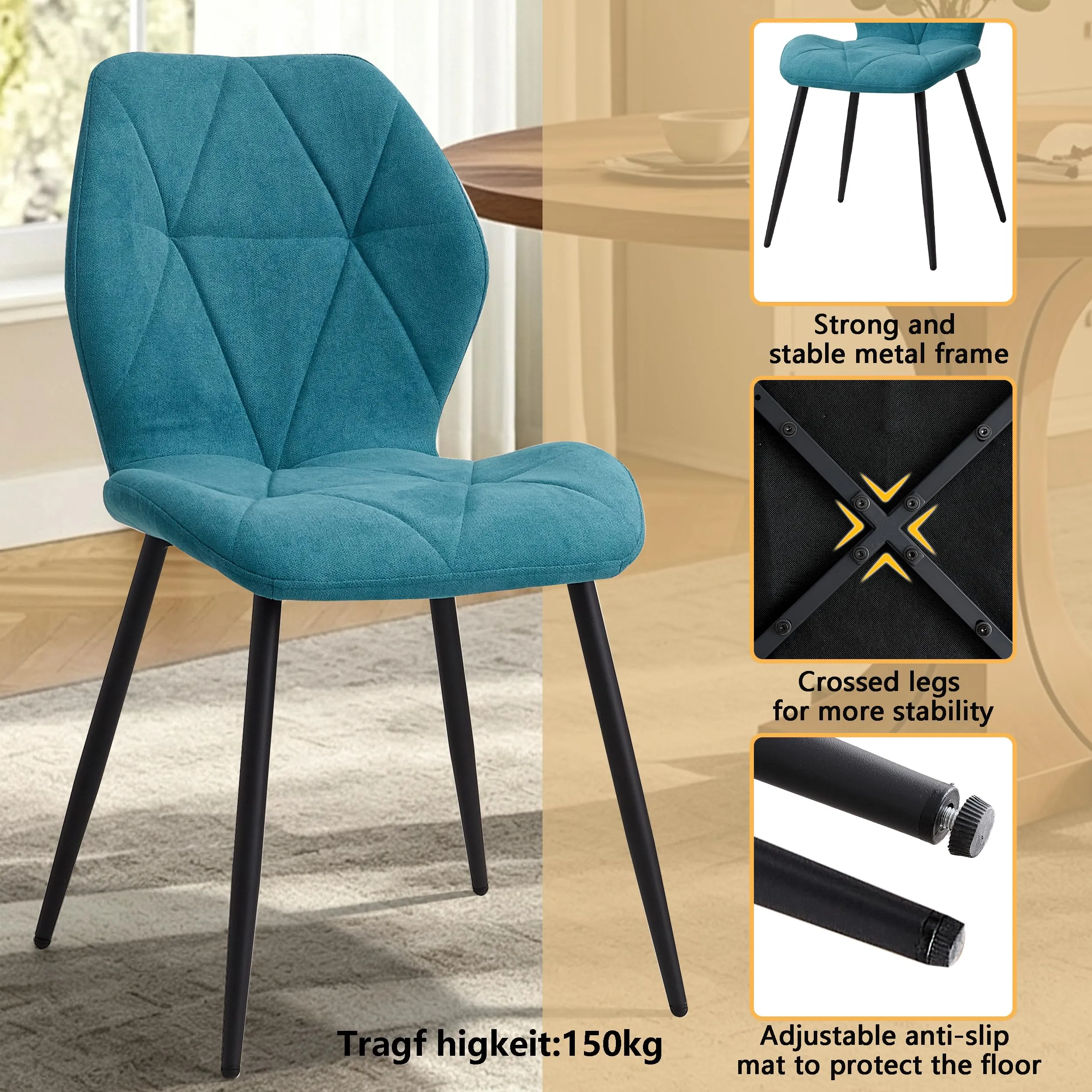 GrandCA HOME Set di 4 Sedie da Pranzo Imbottite in Tessuto a Rombi, Gambe in Metallo, Lago Blu-R - immagine 4