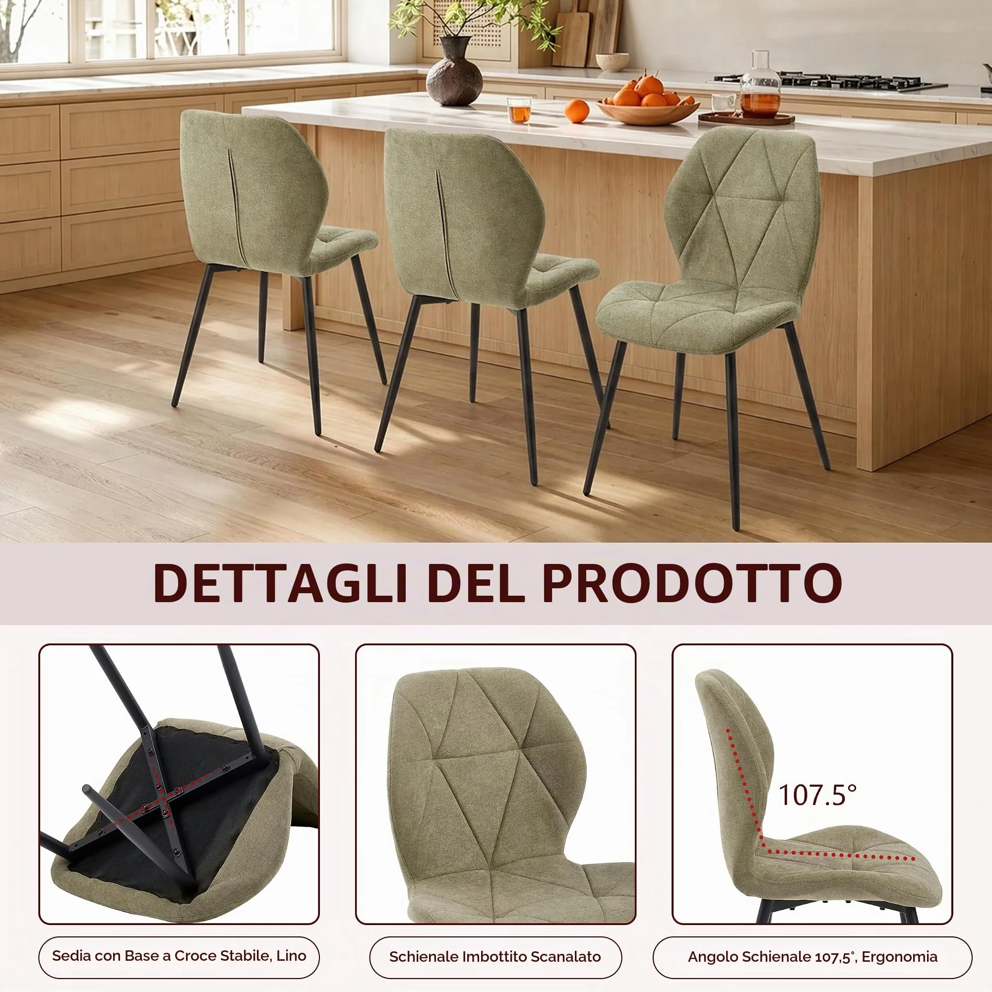 GrandCA HOME Set di 8 Sedie da Pranzo Imbottite in Tessuto a Rombi con Gambe in Metallo, Fagiolo verde-R - immagine 8