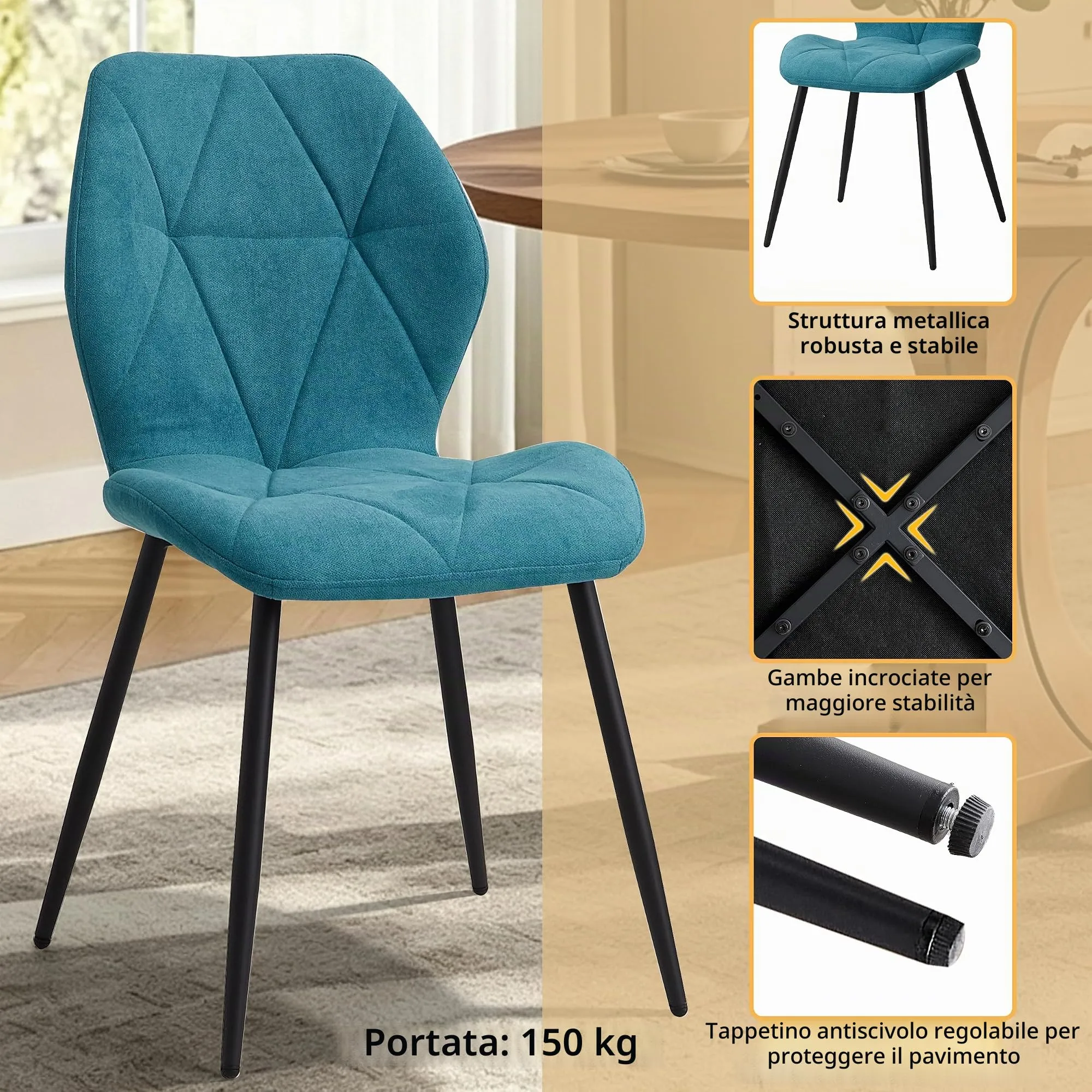 GrandCA HOME Set di 8 Sedie da Pranzo Imbottite in Tessuto a Rombi con Gambe in Metallo, Lago Blu-R - immagine 4