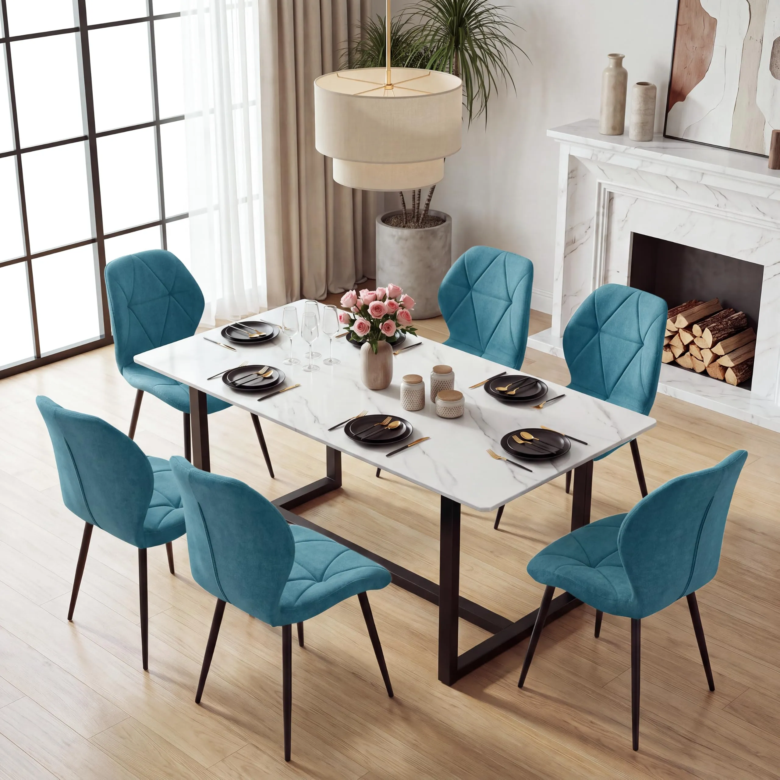 GrandCA HOME Set di 8 Sedie da Pranzo Imbottite in Tessuto a Rombi con Gambe in Metallo, Lago Blu-R - immagine 8