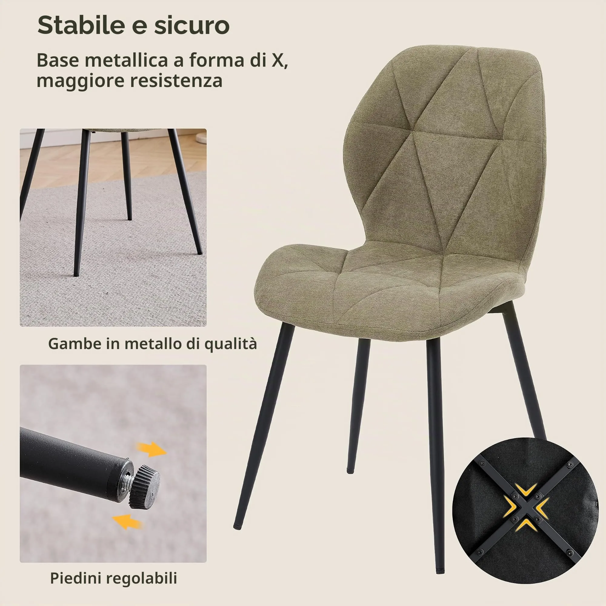 GrandCA HOME Set di 4 Sedie da Pranzo Imbottite in Tessuto a Rombi con Gambe in Metallo, Fagiolo Verde-R - immagine 6