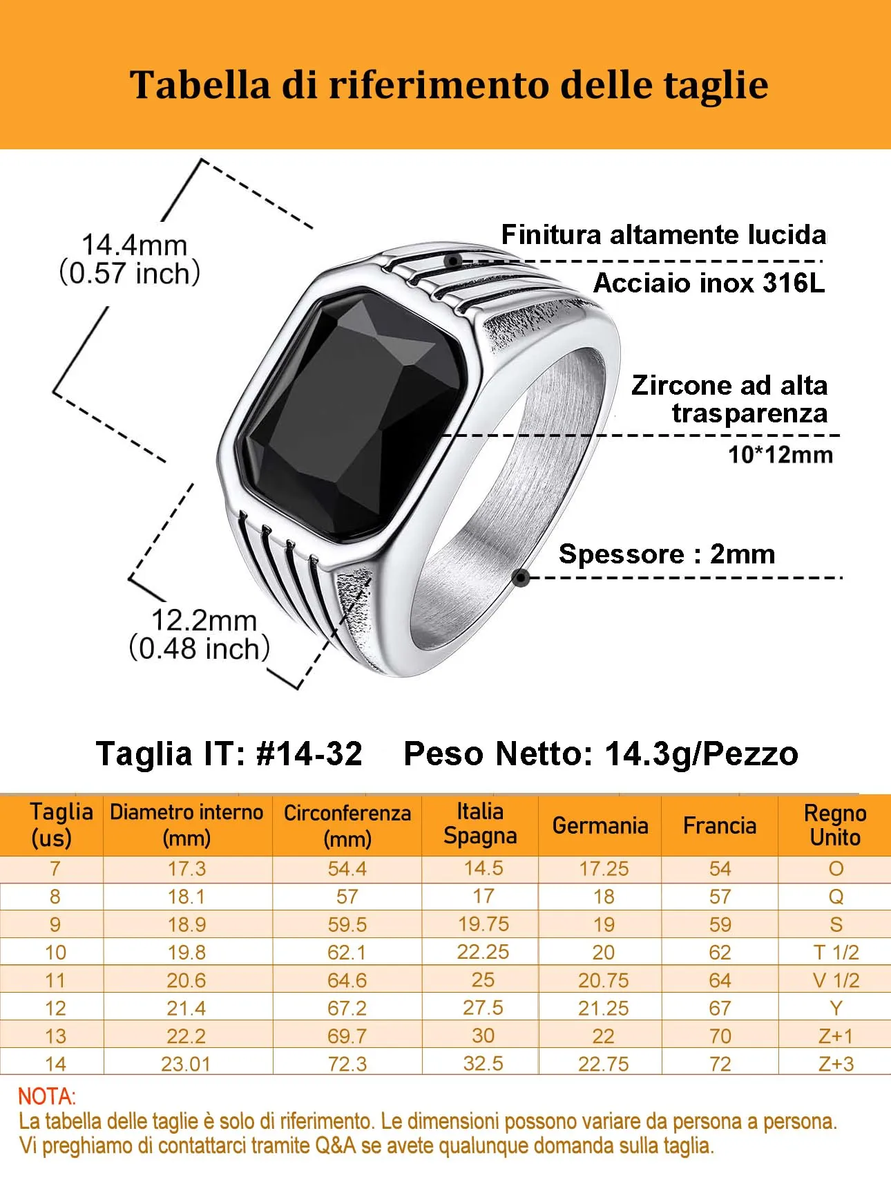 Bestyle Anello in Acciaio Inossidabile per Uomo con Pietra Onice Nero, Argento, Misura IT 30 (69.7mm) - immagine 3