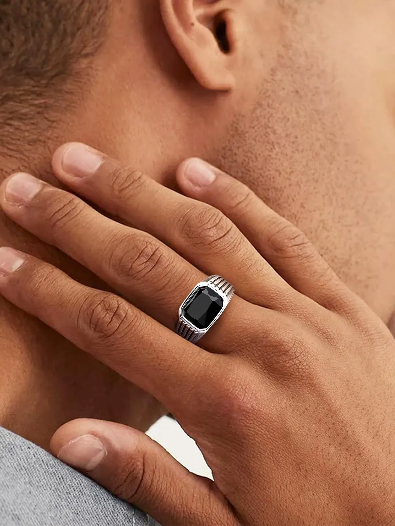 Bestyle Anello in Acciaio Inossidabile per Uomo con Pietra Onice Nero, Argento, Misura IT 32.5 (72.3mm) - immagine 7