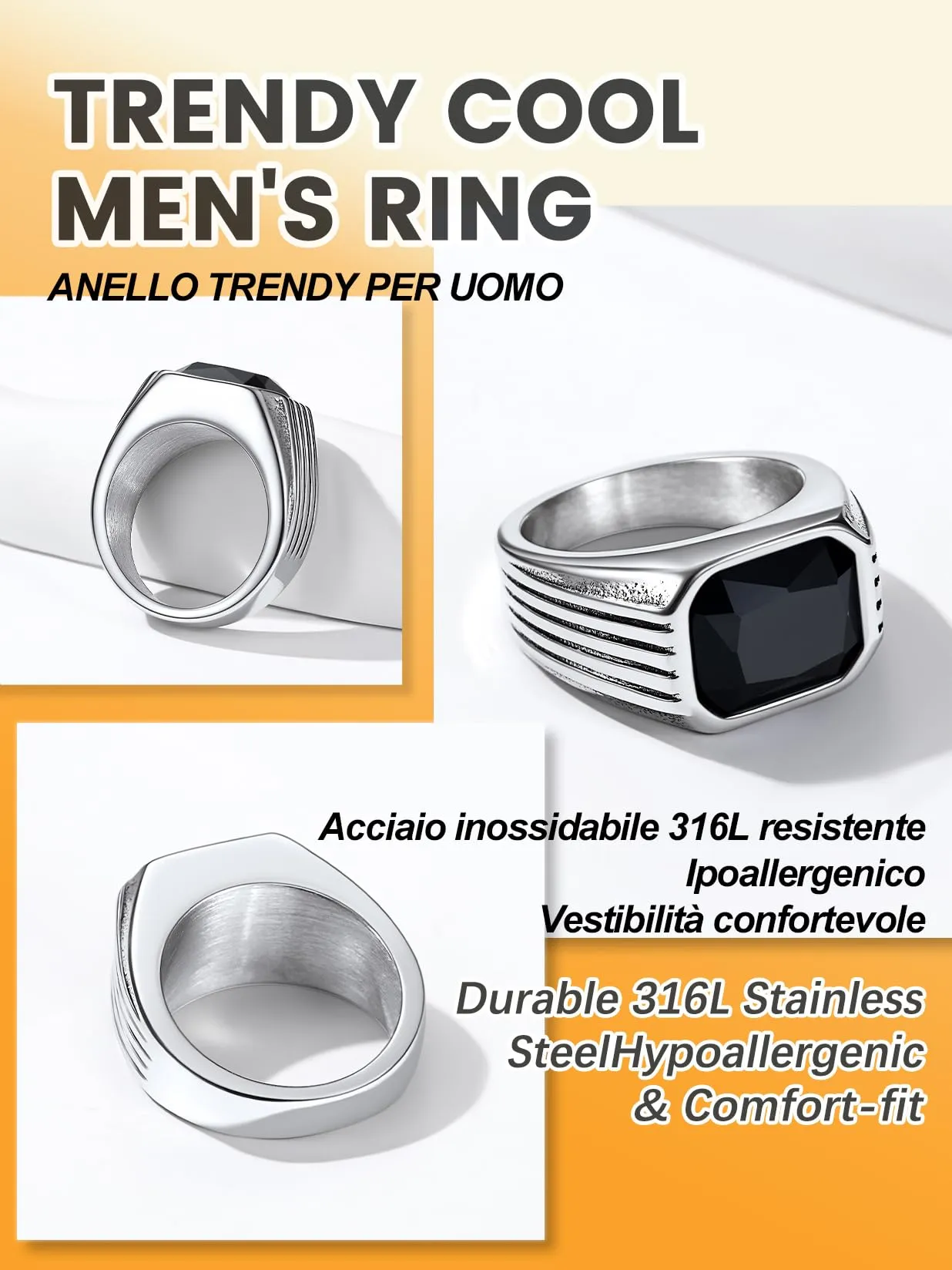 Bestyle Anello in Acciaio Inossidabile Uomo con Pietra Onice Nero, Argento, Misura IT 25 (64.6mm) - immagine 5