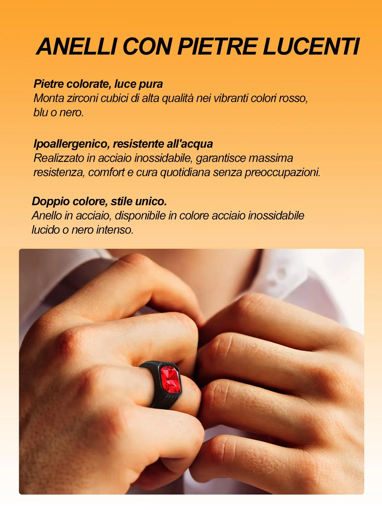 Bestyle Anello in Acciaio Inossidabile Uomo Nero con Pietra Rubino, Misura IT 22.25 (Circonferenza 62.1mm) - immagine 2