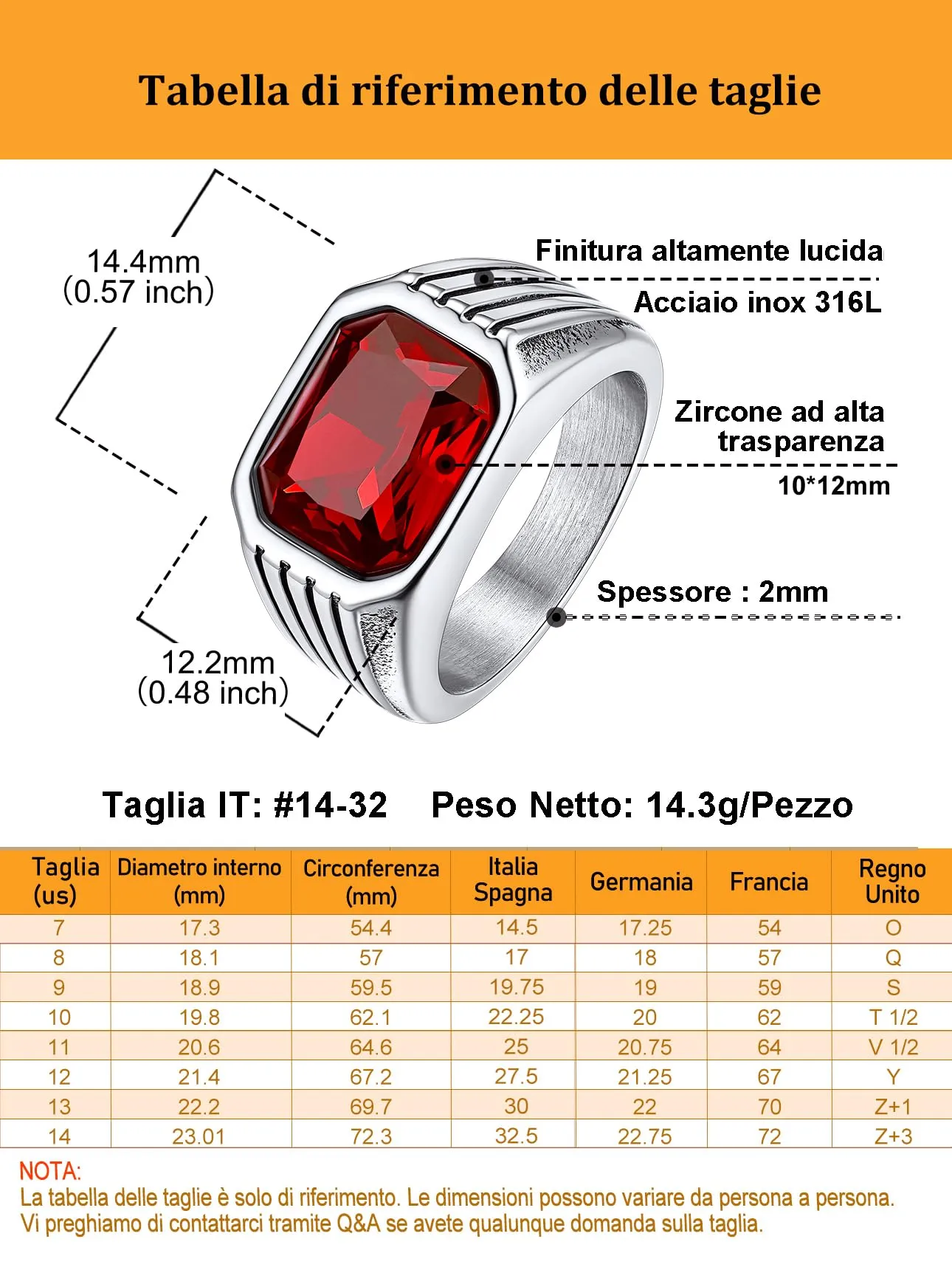 Bestyle Anello in Acciaio Inossidabile Uomo Argento con Pietra Rubino, Misura IT 30 (Circonferenza 69.7mm) - immagine 4