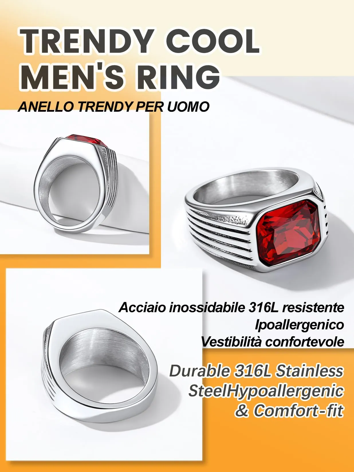 Bestyle Anello in Acciaio Inossidabile Uomo Argento con Pietra Rubino, Misura IT 30 (Circonferenza 69.7mm) - immagine 7
