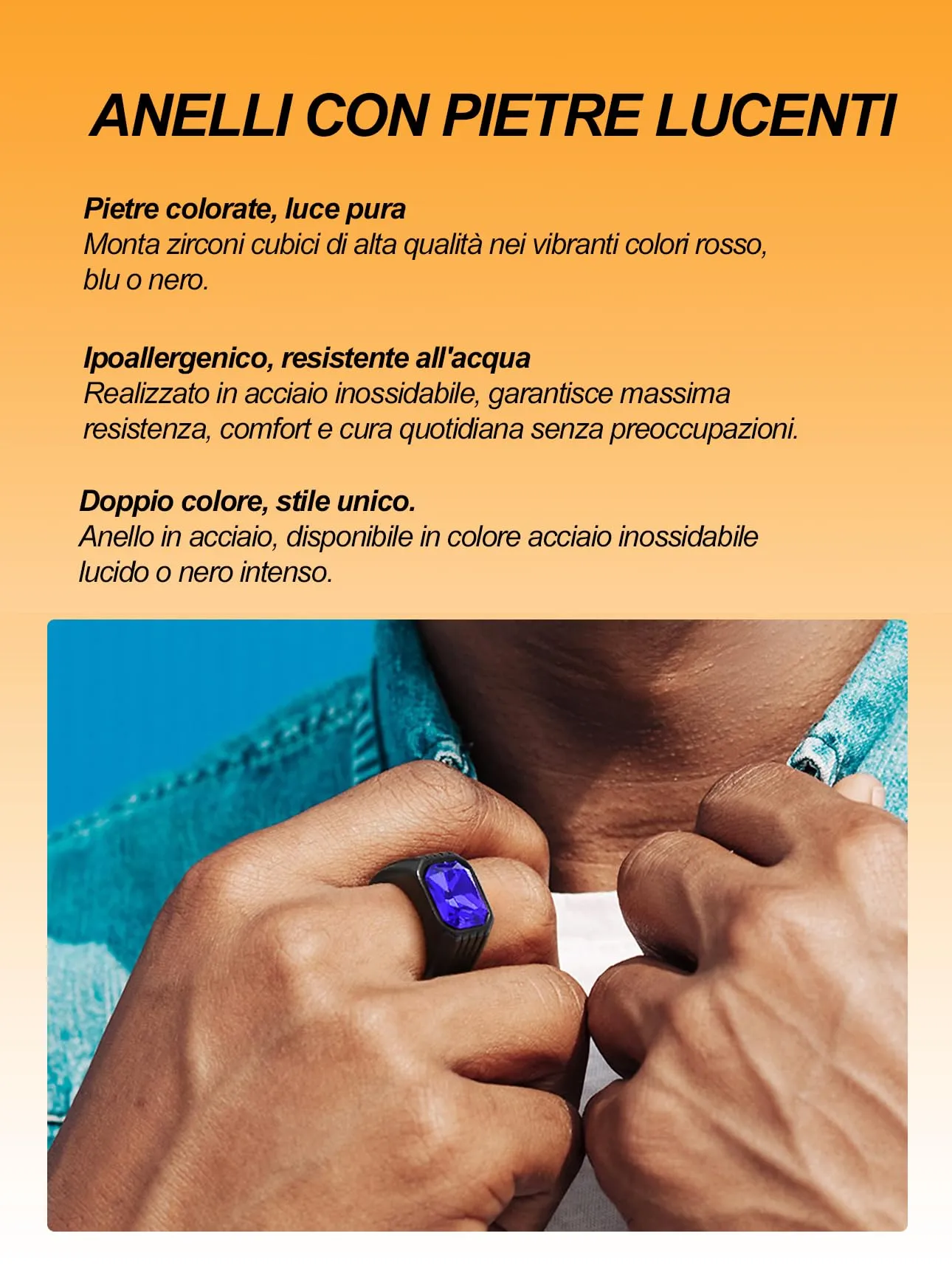 Bestyle Anello in Acciaio Inossidabile Uomo Nero con Pietra Zaffiro, Misura IT 32.5 (Circonferenza 72.3mm) - immagine 5