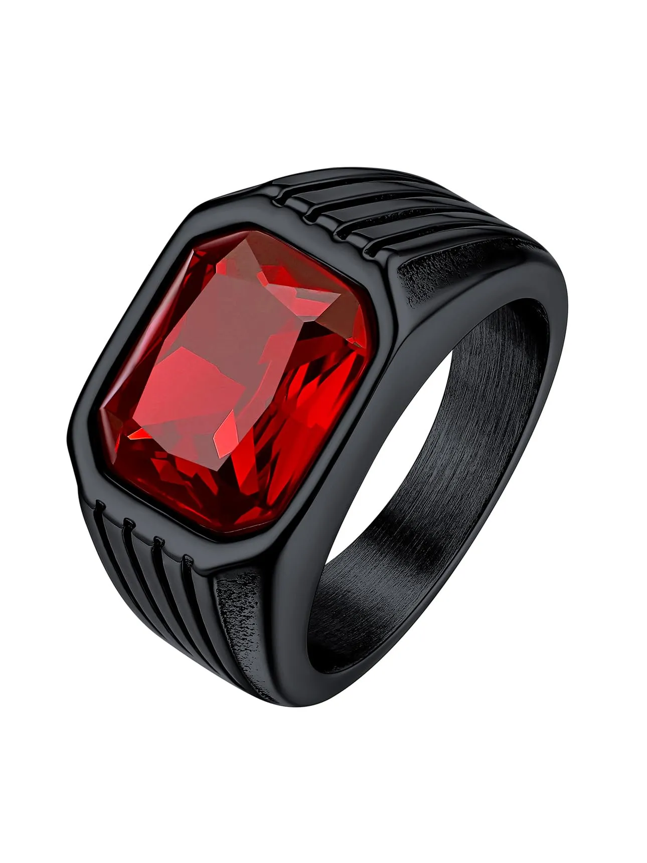 Bestyle Anello in Acciaio Inossidabile Uomo Nero con Pietra Rubino, Misura IT 14.5 (54.4mm) - immagine 1