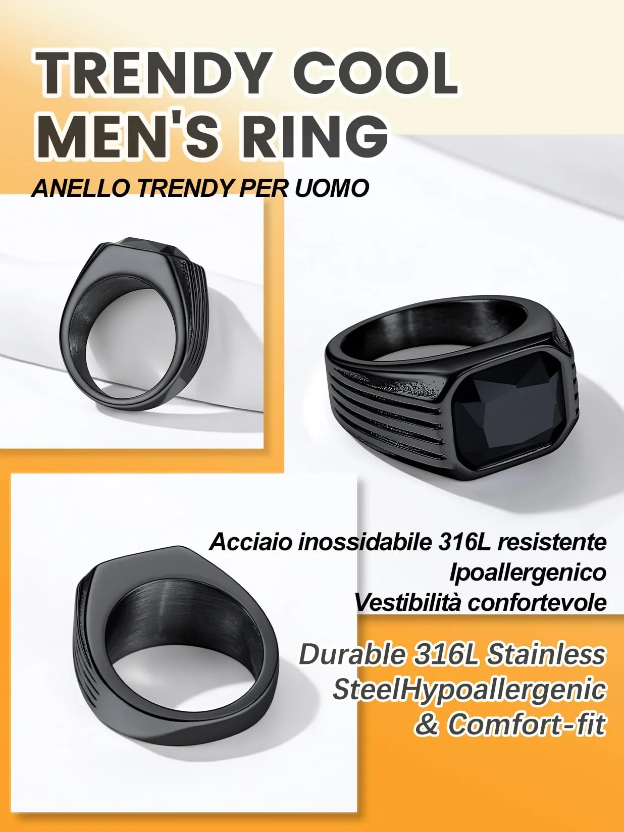 Bestyle Anello in Acciaio Inossidabile per Uomo, Onice Nero, Misura IT 14.5 (Circonferenza 54.4mm) - immagine 6